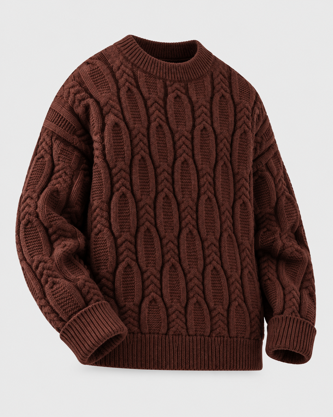 Image of Coffee | Coffee-brown crewneck sweater photographed at an angle showing knit texture