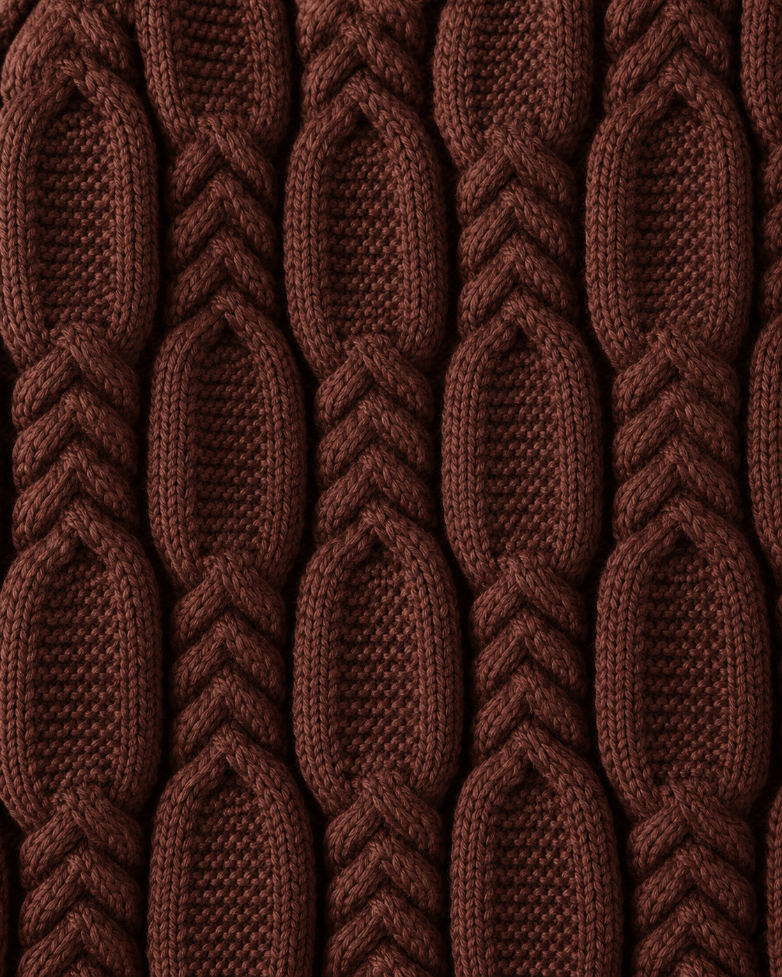 Image of Coffee | Macro of brown cable-knit loops and stitching on sweater front