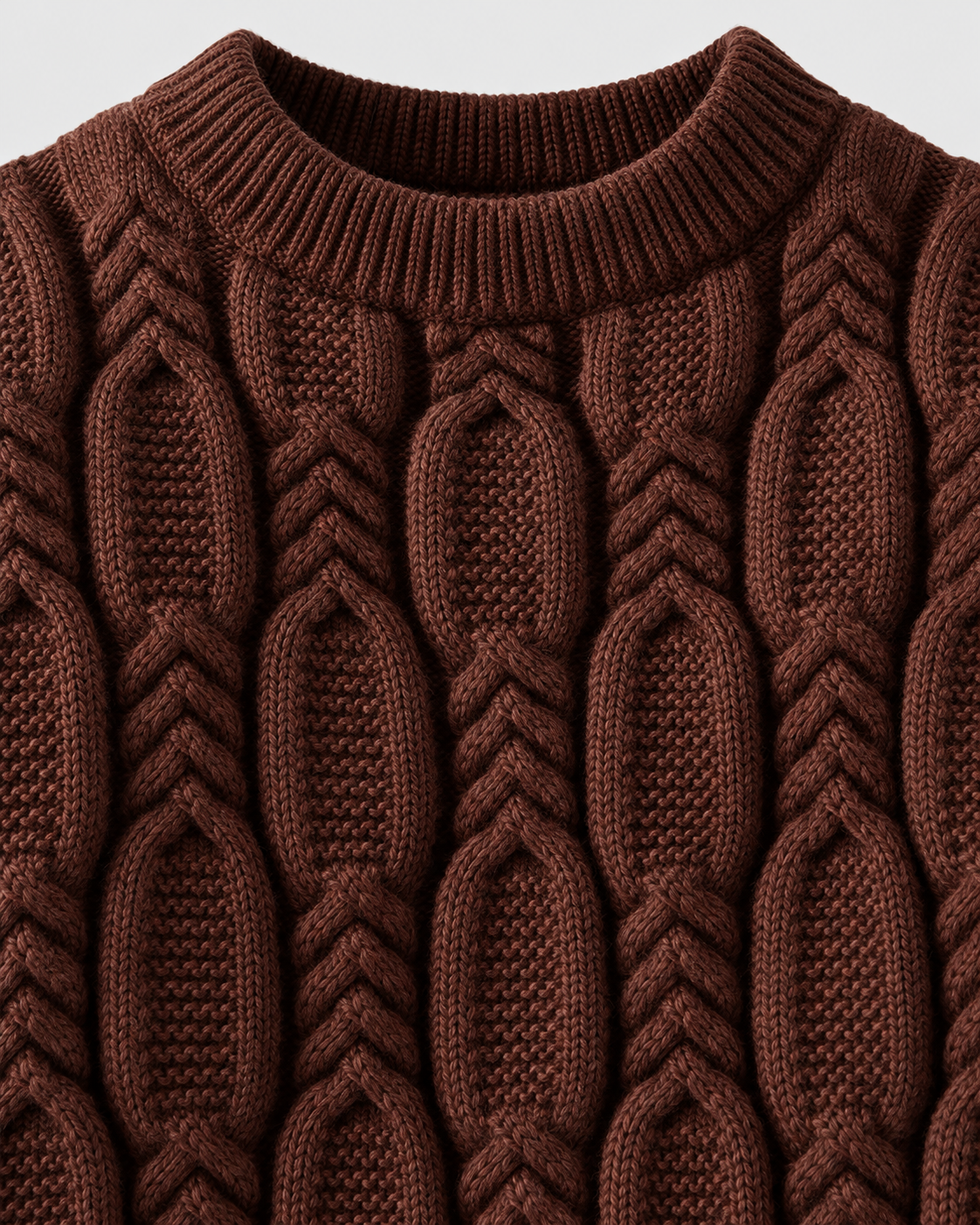 Image of Coffee | Close-up of coffee-brown ribbed crew neckline and raised knitted pattern