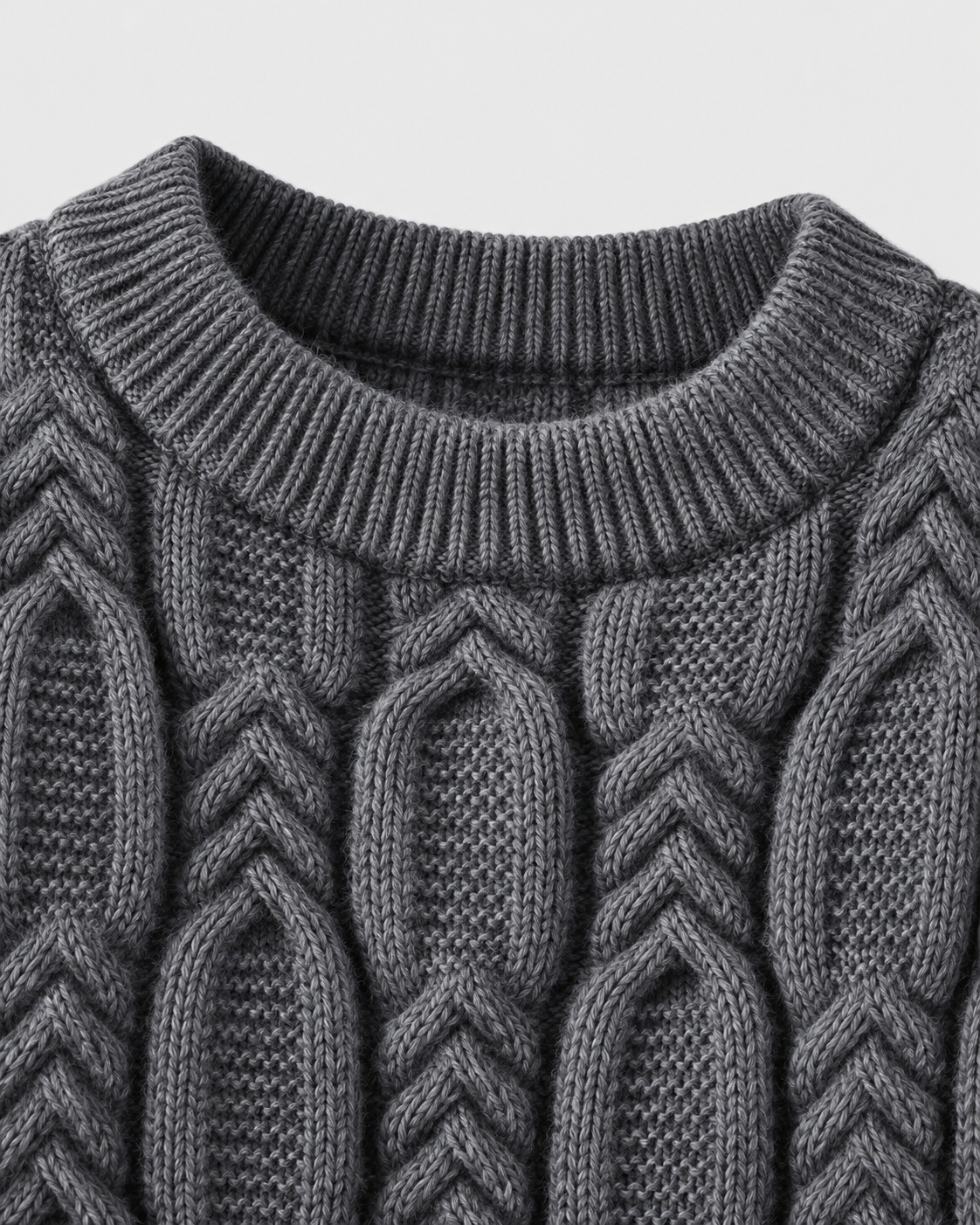 Image of Gray | Macro of gray crewneck ribbed collar and cable-knit pattern