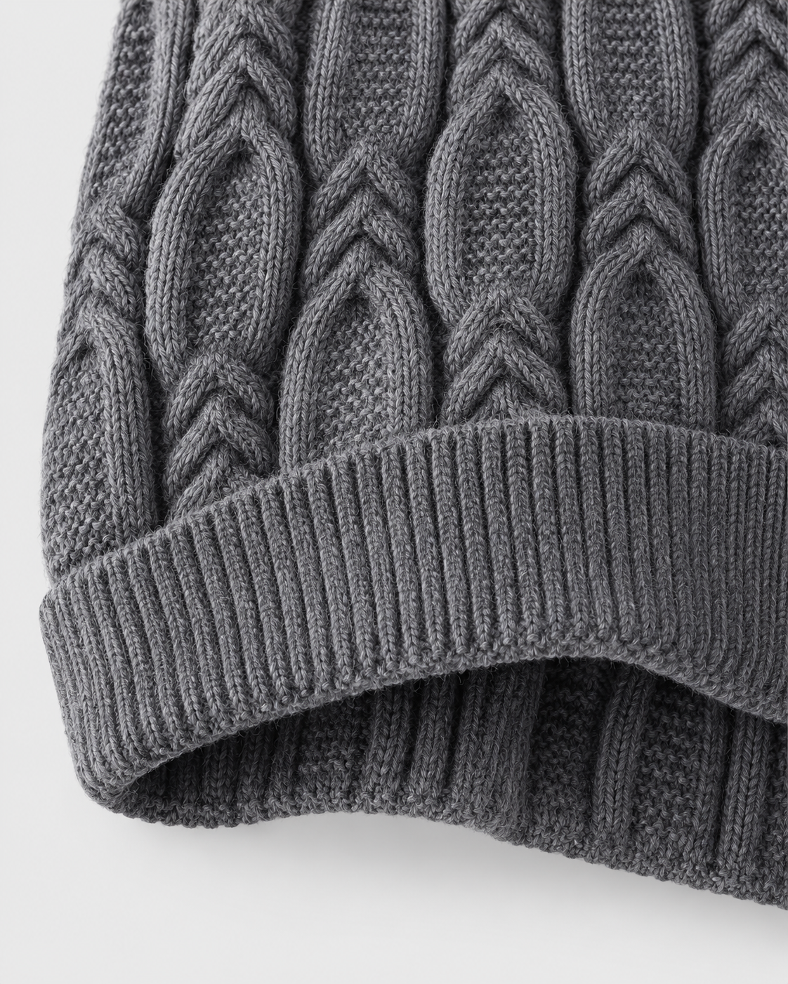 Image of Gray | Close-up of gray cable-knit texture and thick ribbed lower hem
