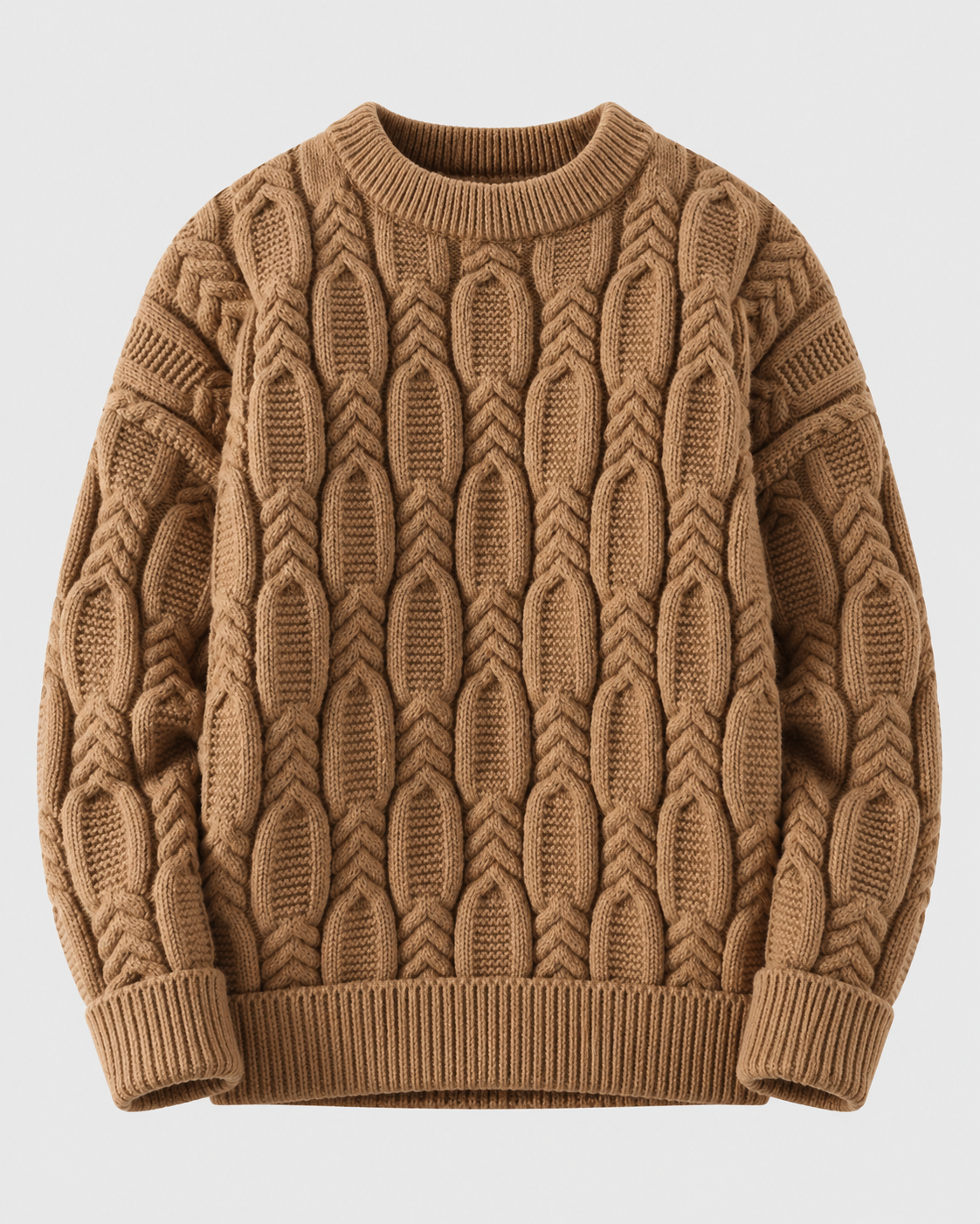 Image of Khaki | Khaki cable-knit crewneck sweater, front product studio view