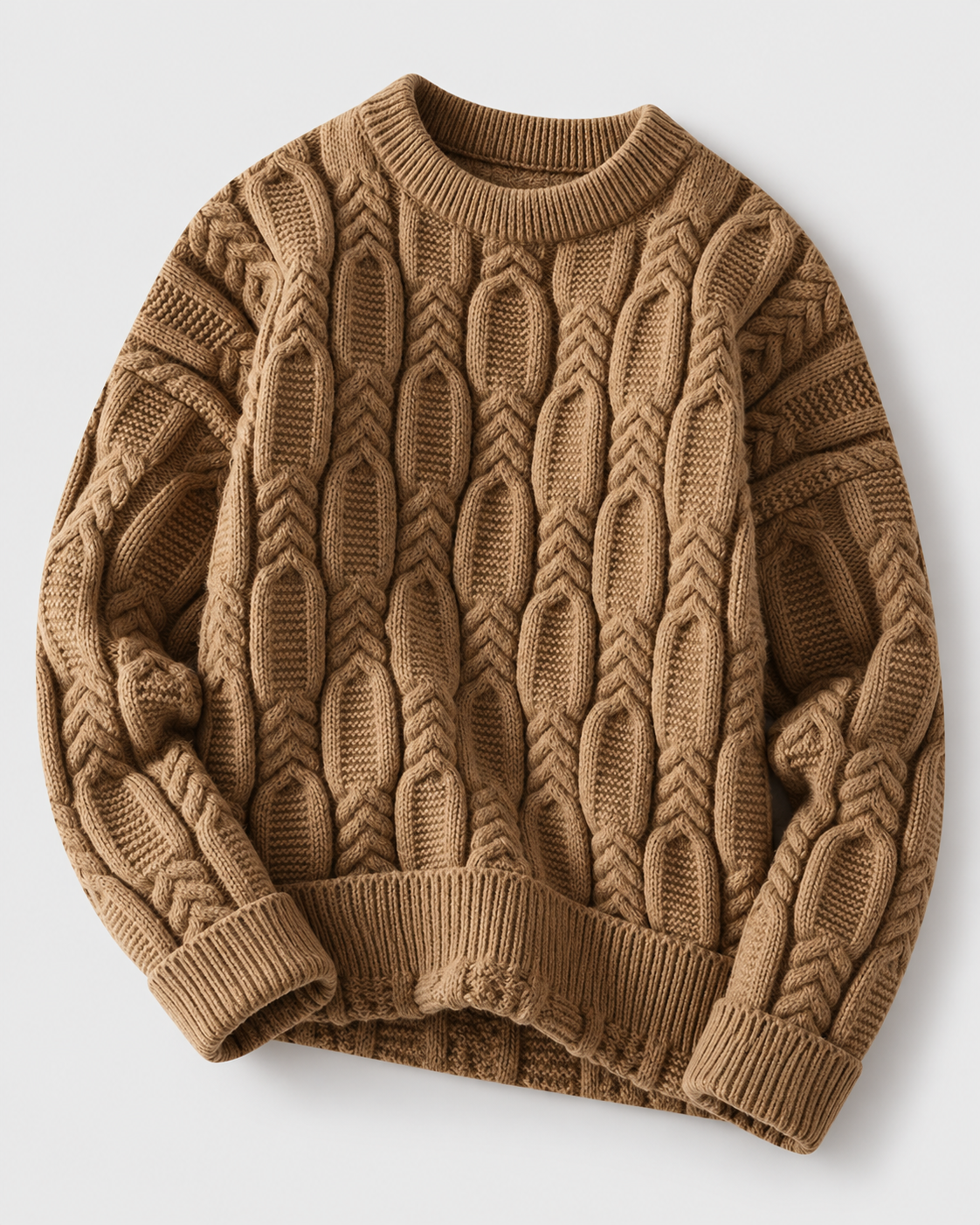 Image of Khaki | Khaki cable-knit sweater shown at a slight angle with ribbed cuffs visible