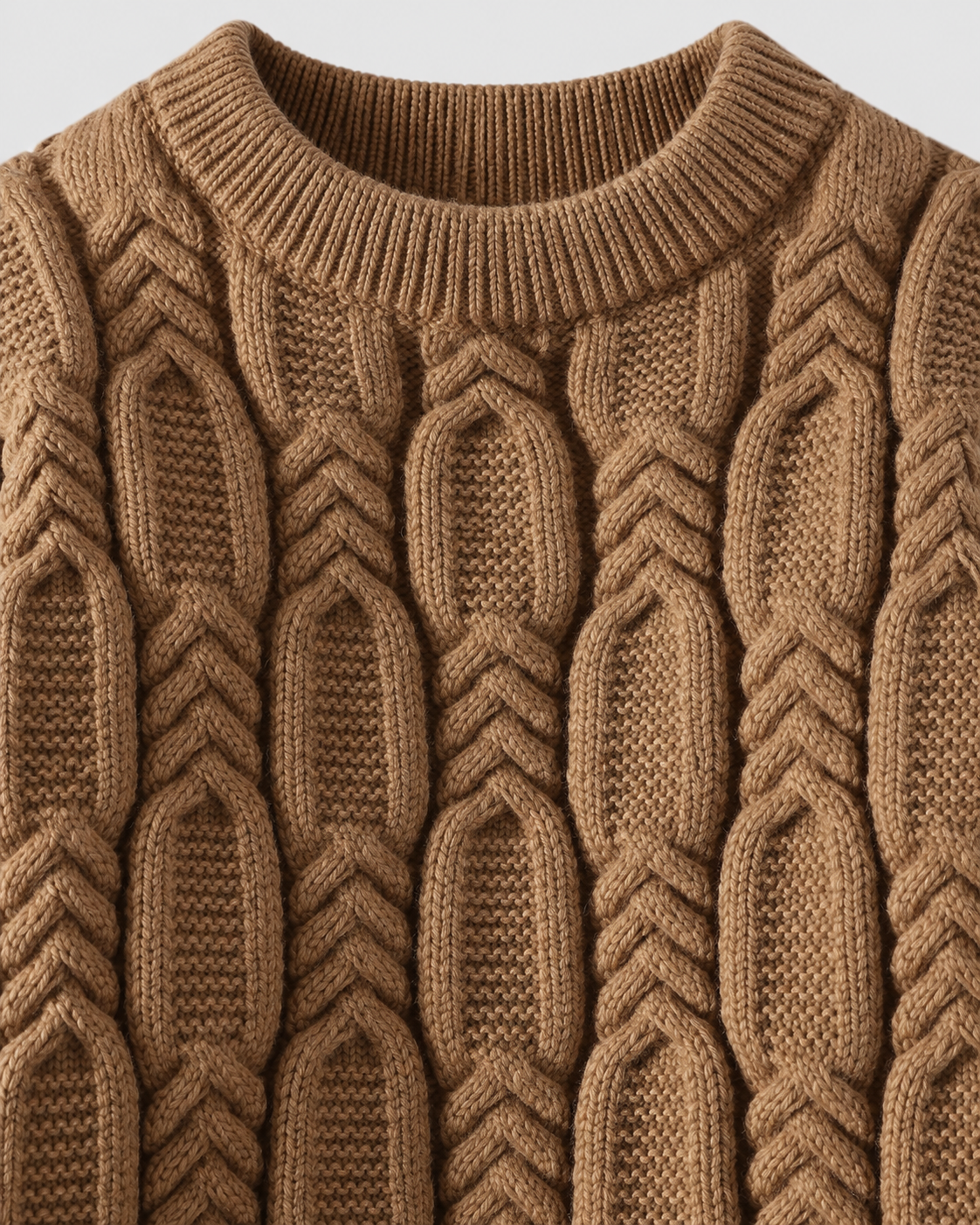 Image of Khaki | Close-up of khaki ribbed crew neckline and raised cable-knit structure