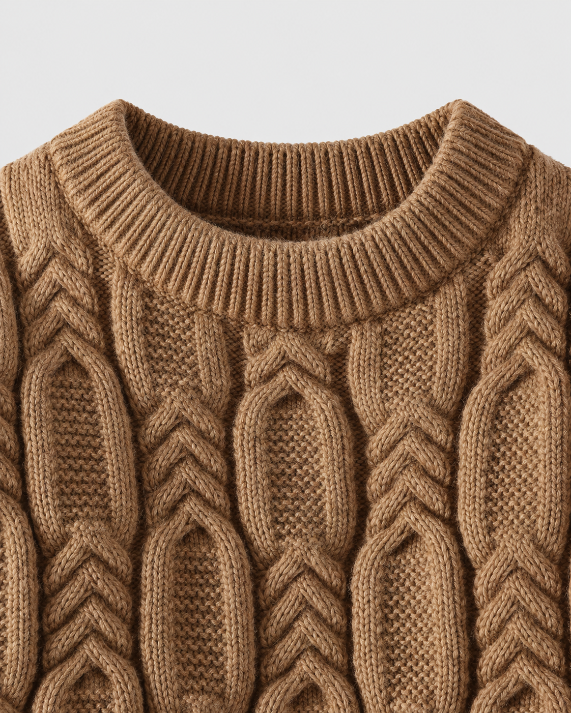 Image of Khaki | Macro of khaki sweater neckline and broad vertical cable-knit columns