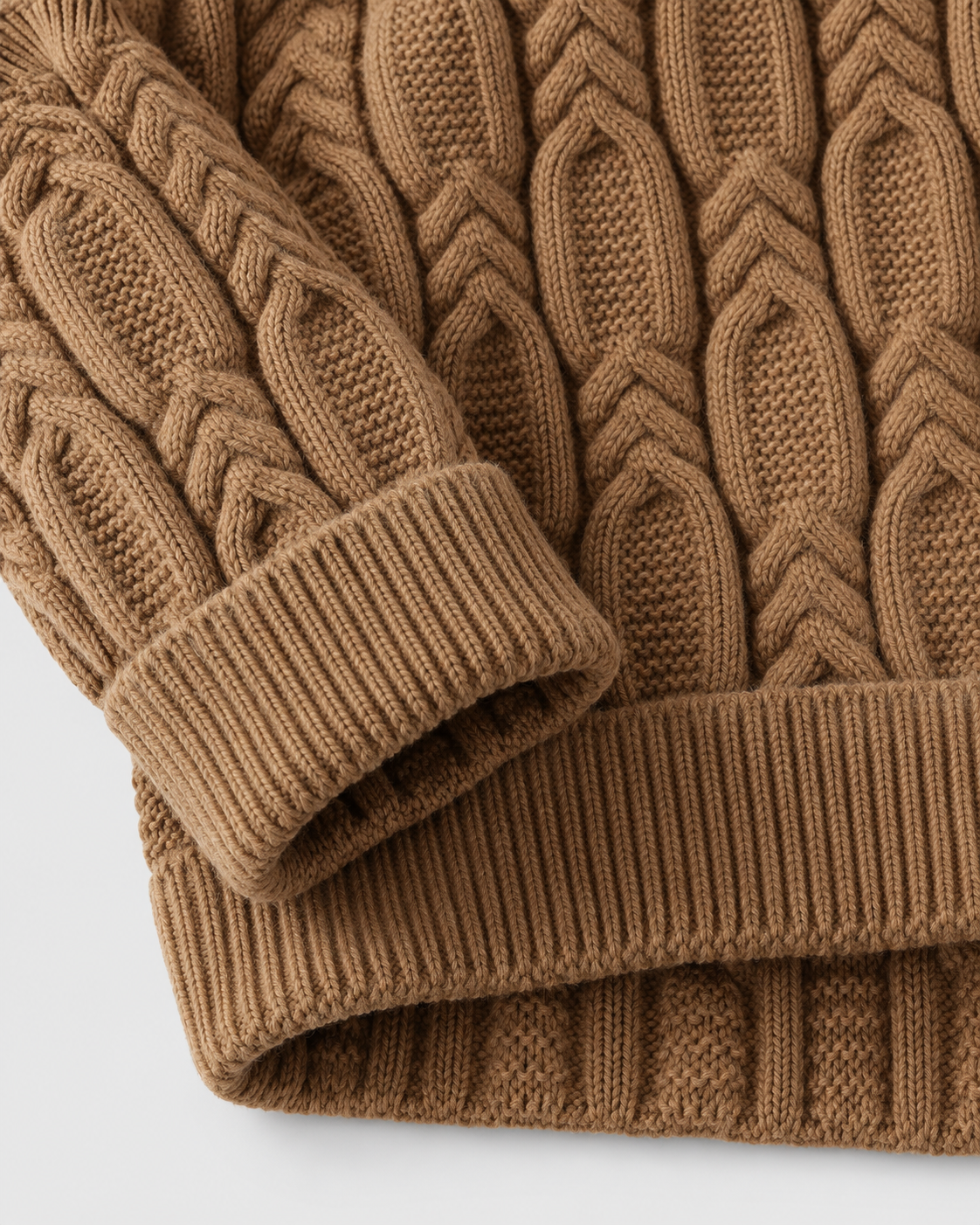 Image of Khaki | Close-up of khaki sweater knitted sleeve cuff and ribbed hem