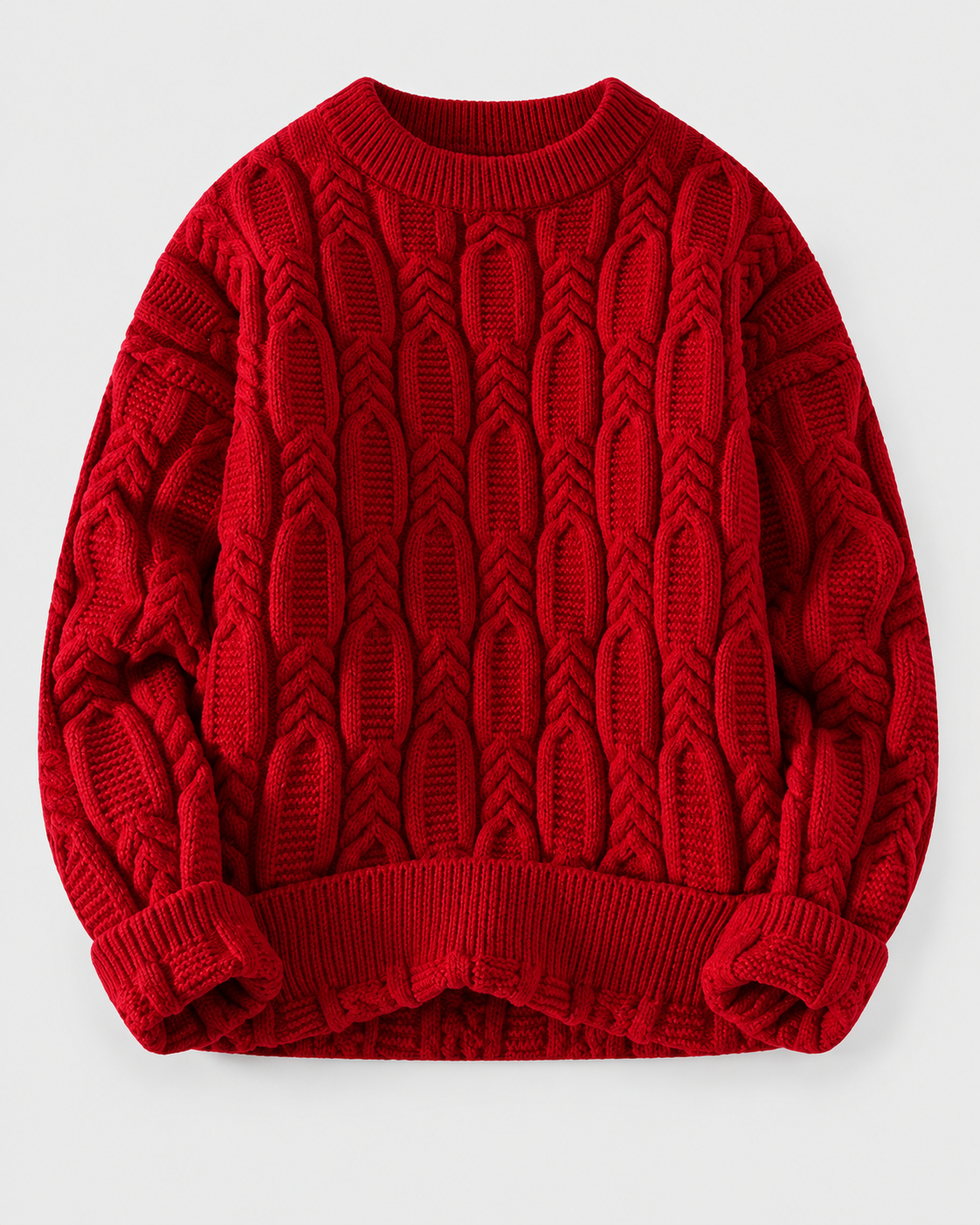 Image of Red | Red chunky cable-knit crewneck sweater, front studio view