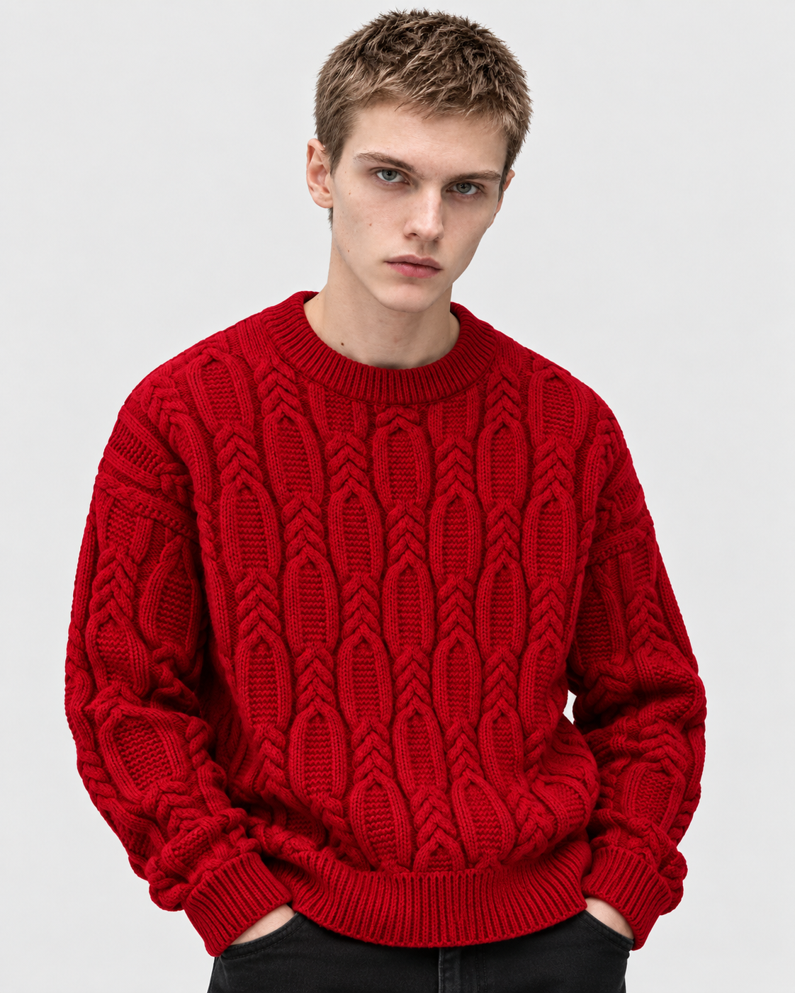 Image of Red | Male model wearing red cable-knit crewneck sweater, standing front pose