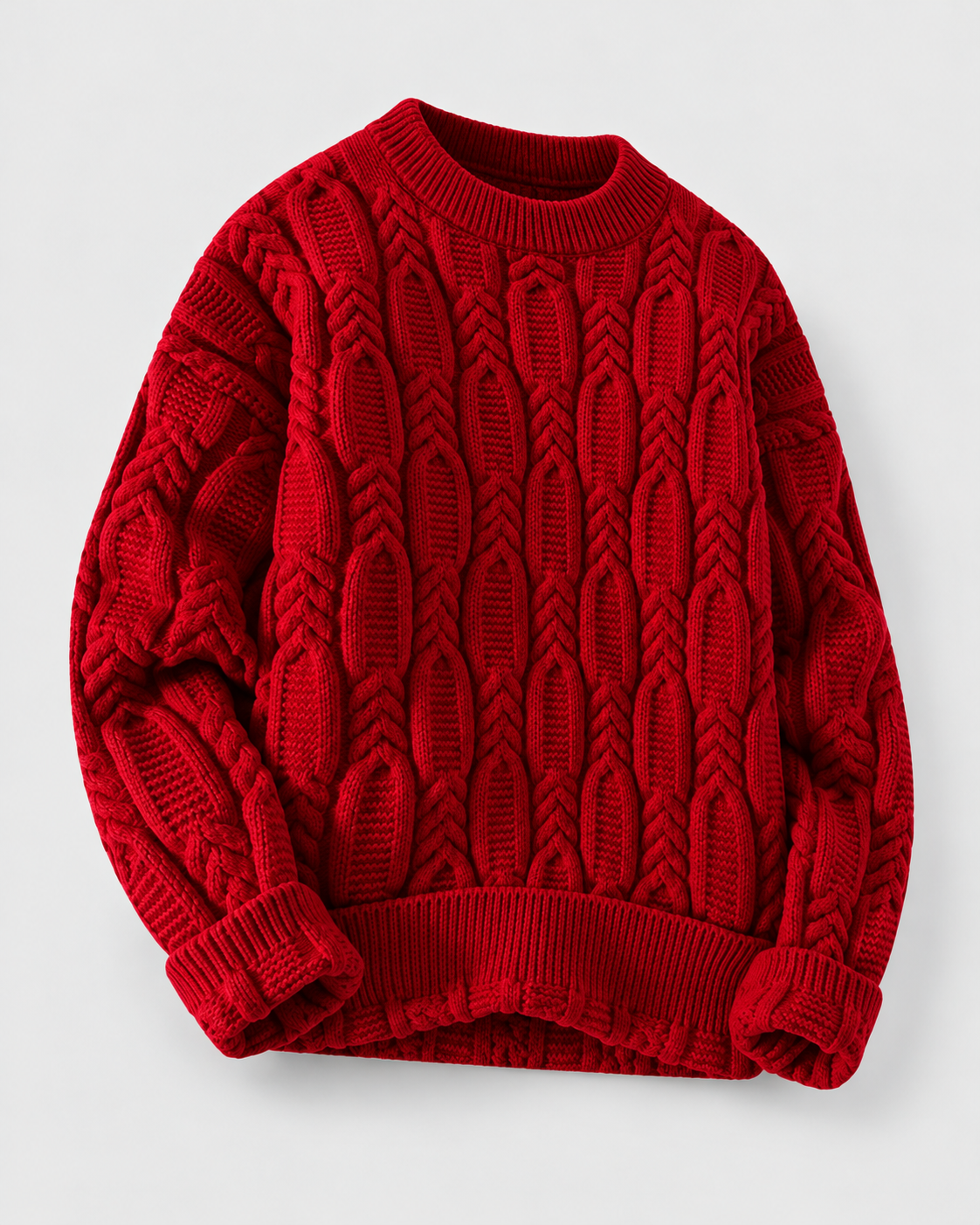 Image of Red | Red cable-knit pullover photographed at an angle, showing sleeves and hem