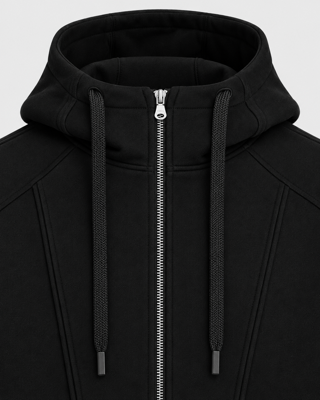 Black | Close-up of the hood and center zipper of the oversized hoodie