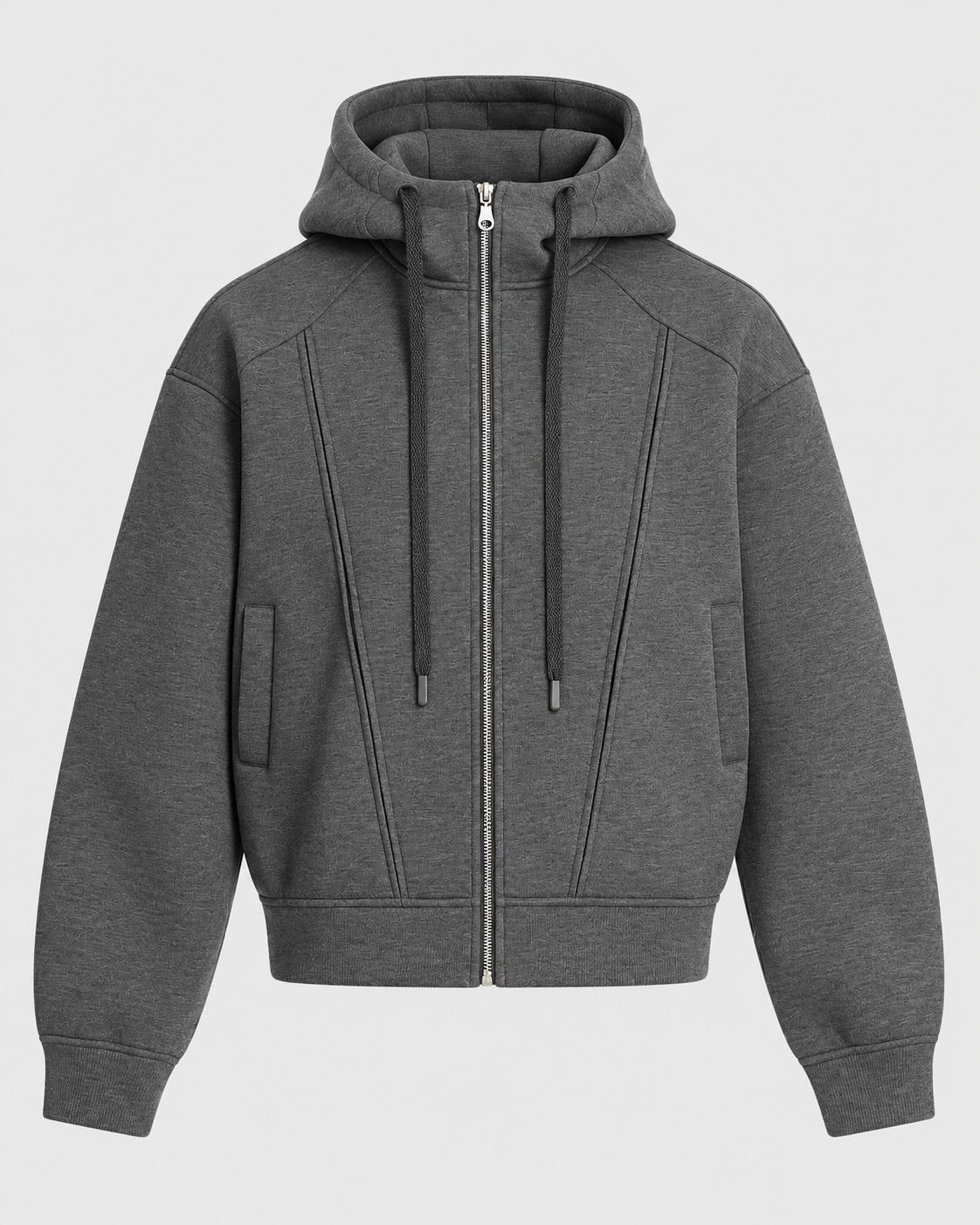 Image of Gray | Front view of men's gray oversized zip-up hoodie with a hood and pockets