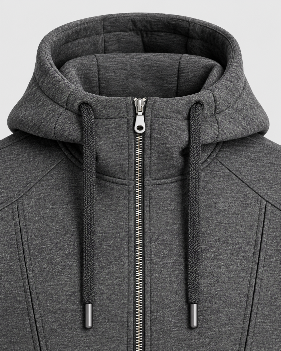 Image of Gray | Close-up of the hood and center zipper of the oversized hoodie