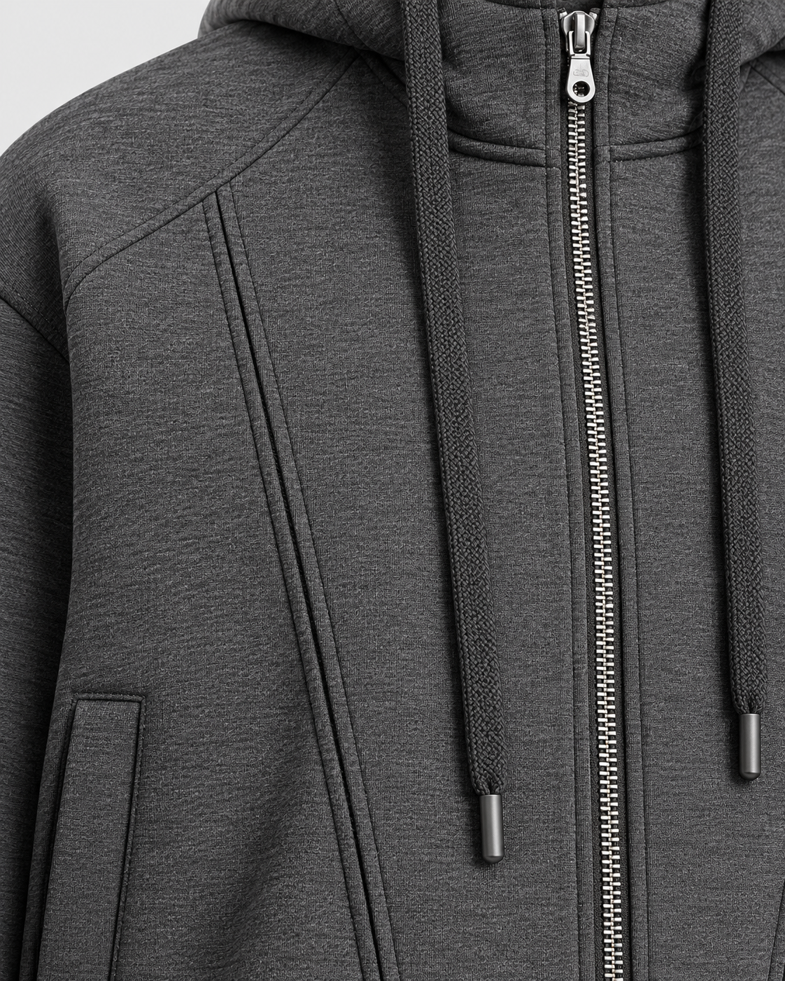 Image of Gray | Close-up of the hoodie front zipper and seam details
