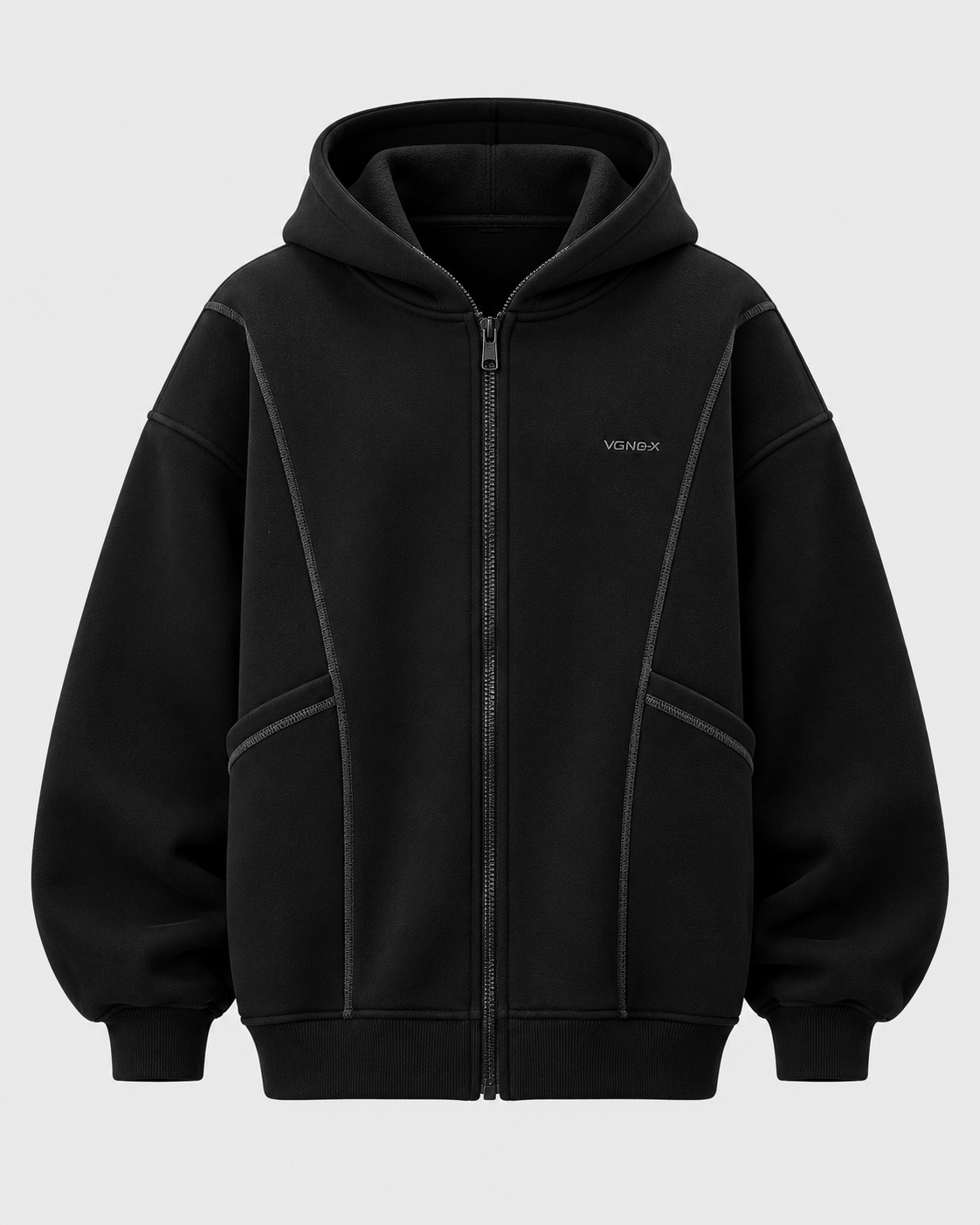 Image of Black | Front view of men's black oversized zip-up sweatshirt on a light studio background