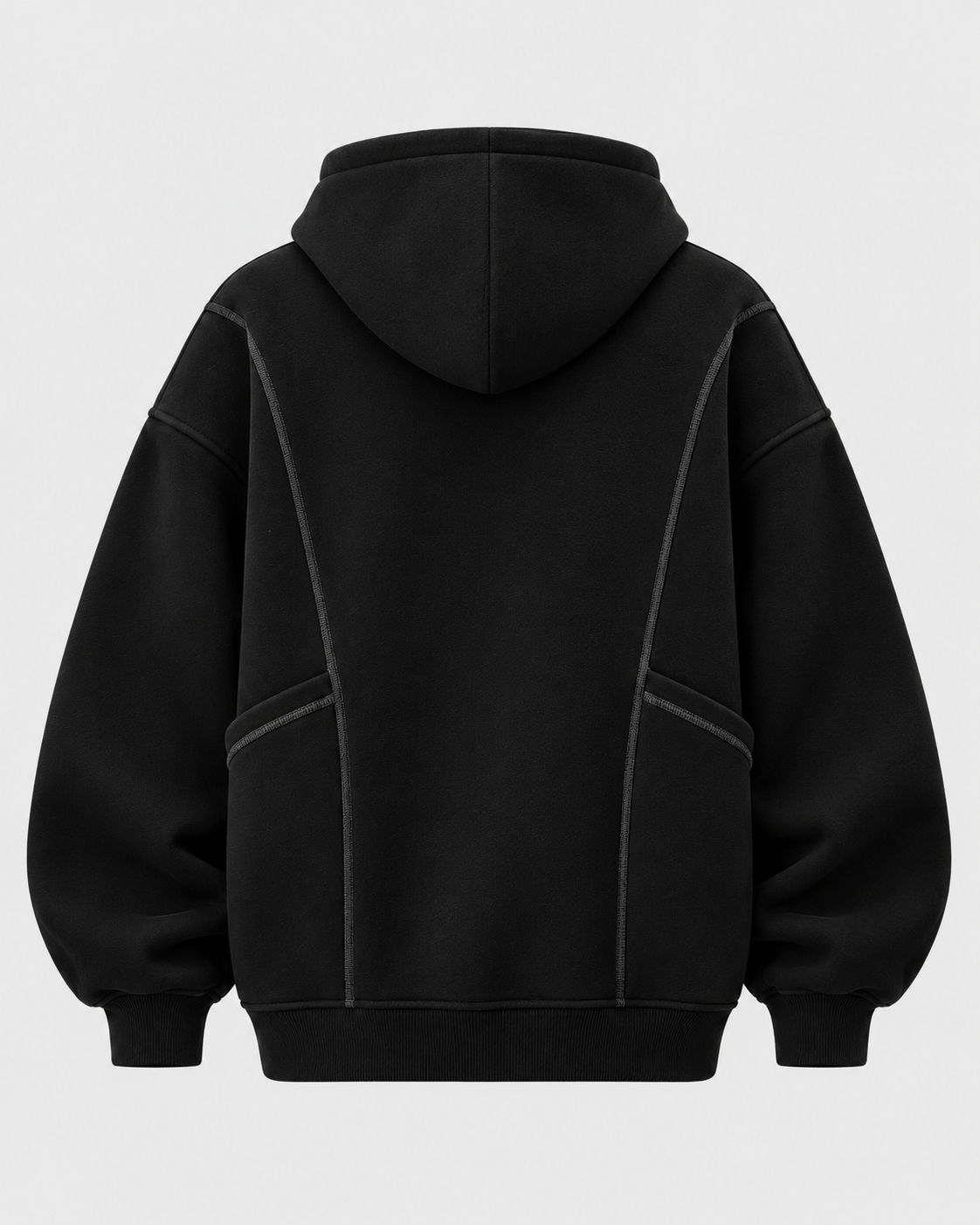 Black | Back view of the black hooded zip-up sweatshirt with a large hood