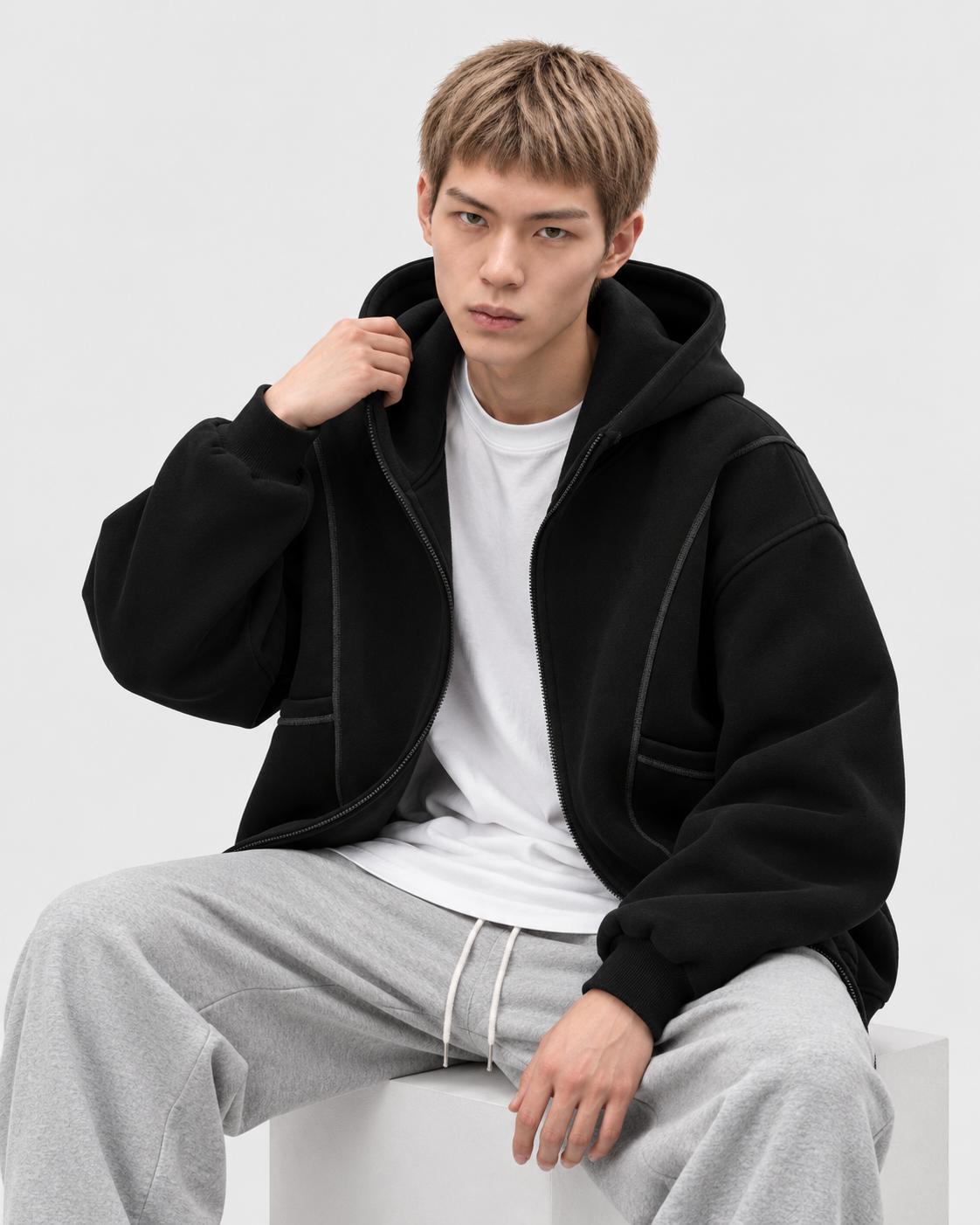 Image of Black | Male model wearing the black hooded zip-up sweatshirt in a seated studio pose
