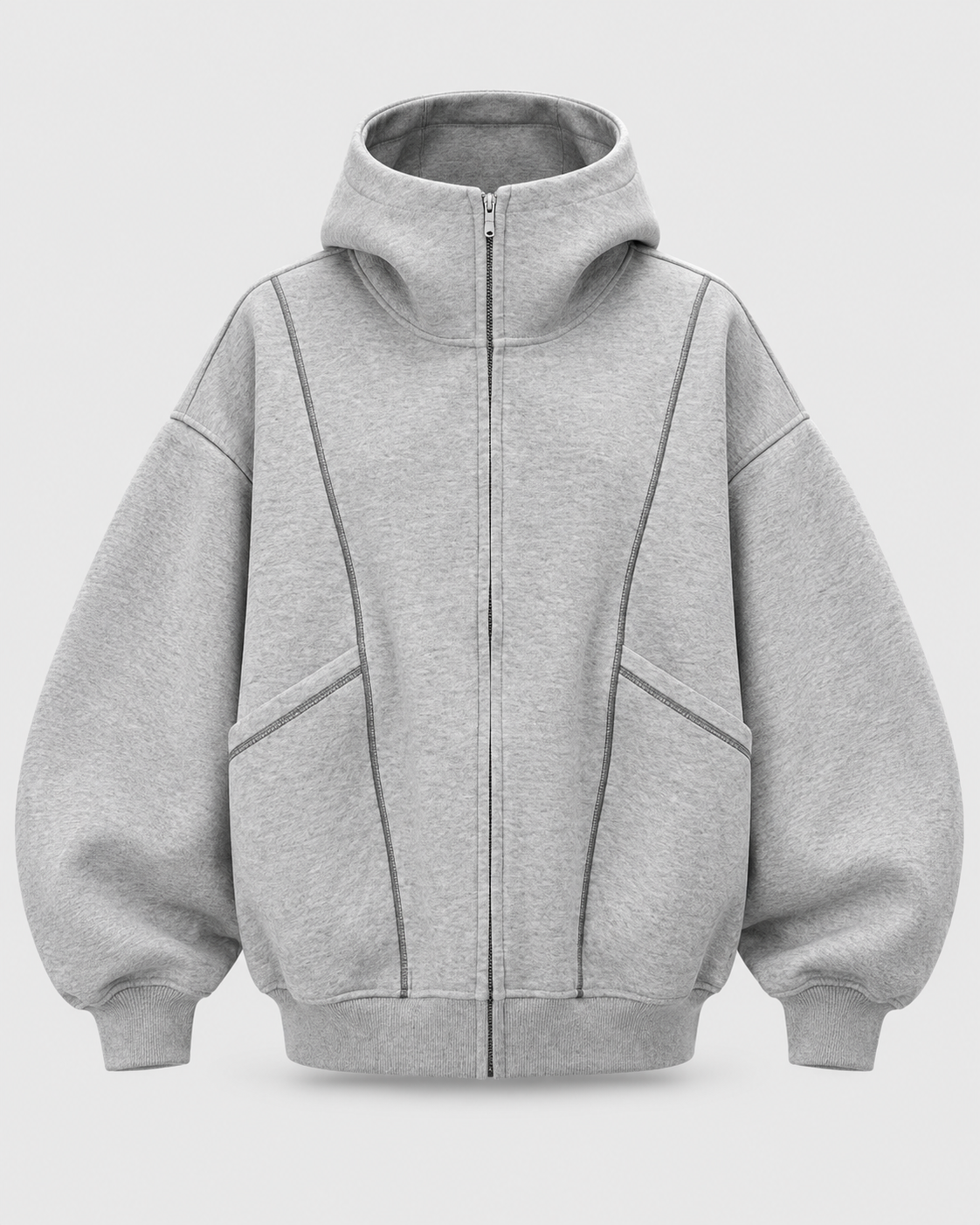Gray | Front view of the gray oversized zip-up sweatshirt with a hood and contrast seams