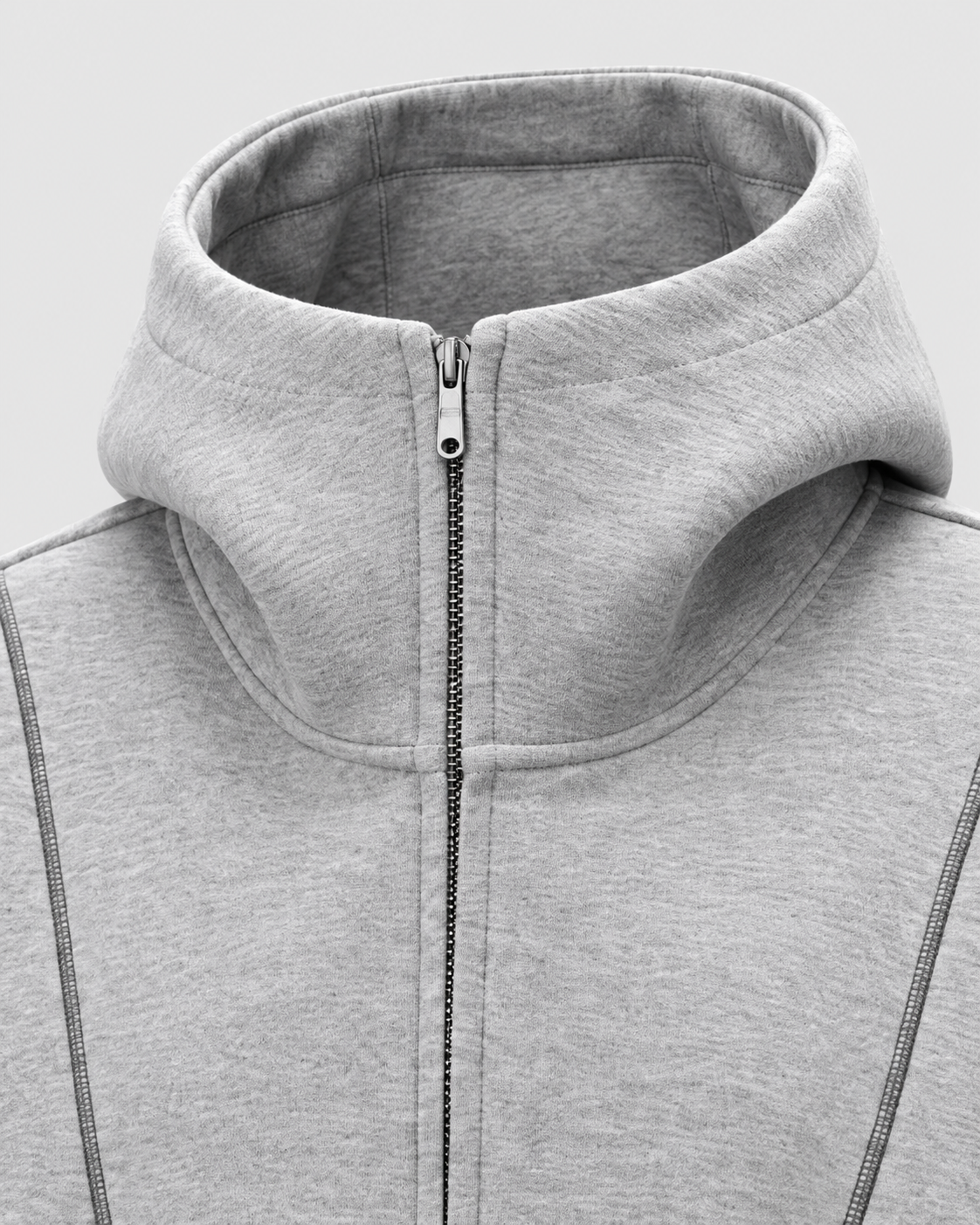 Image of Gray | Close-up of the gray sweatshirt hood and front zipper