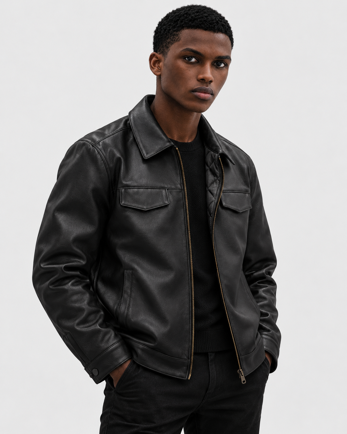 Black Padded | Model wearing black padded faux leather biker jacket