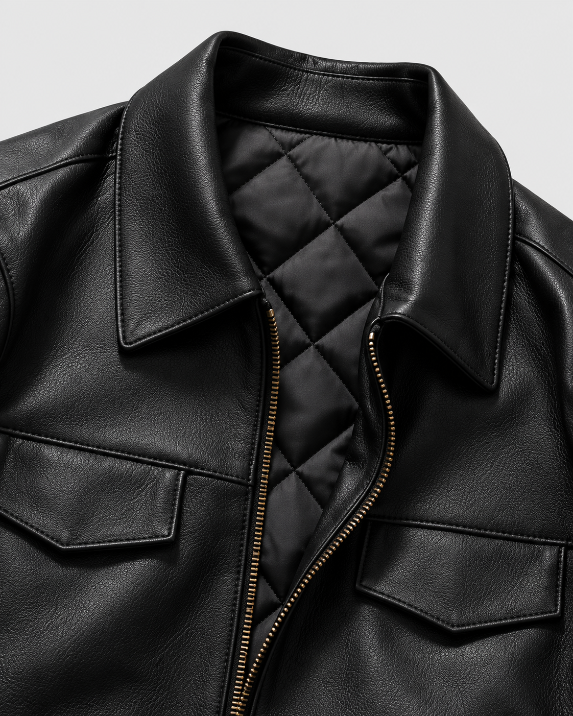 Black Padded | Quilted lining and collar detail on black biker jacket