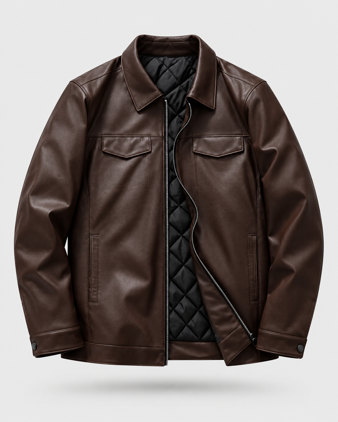 Chestnut Padded | Men's chestnut padded faux leather biker jacket, front studio view