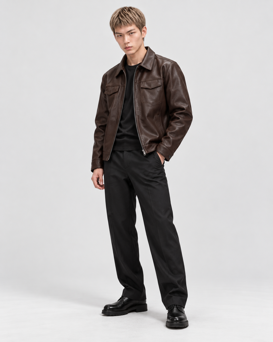 Chestnut Padded | Model wearing chestnut padded faux leather biker jacket