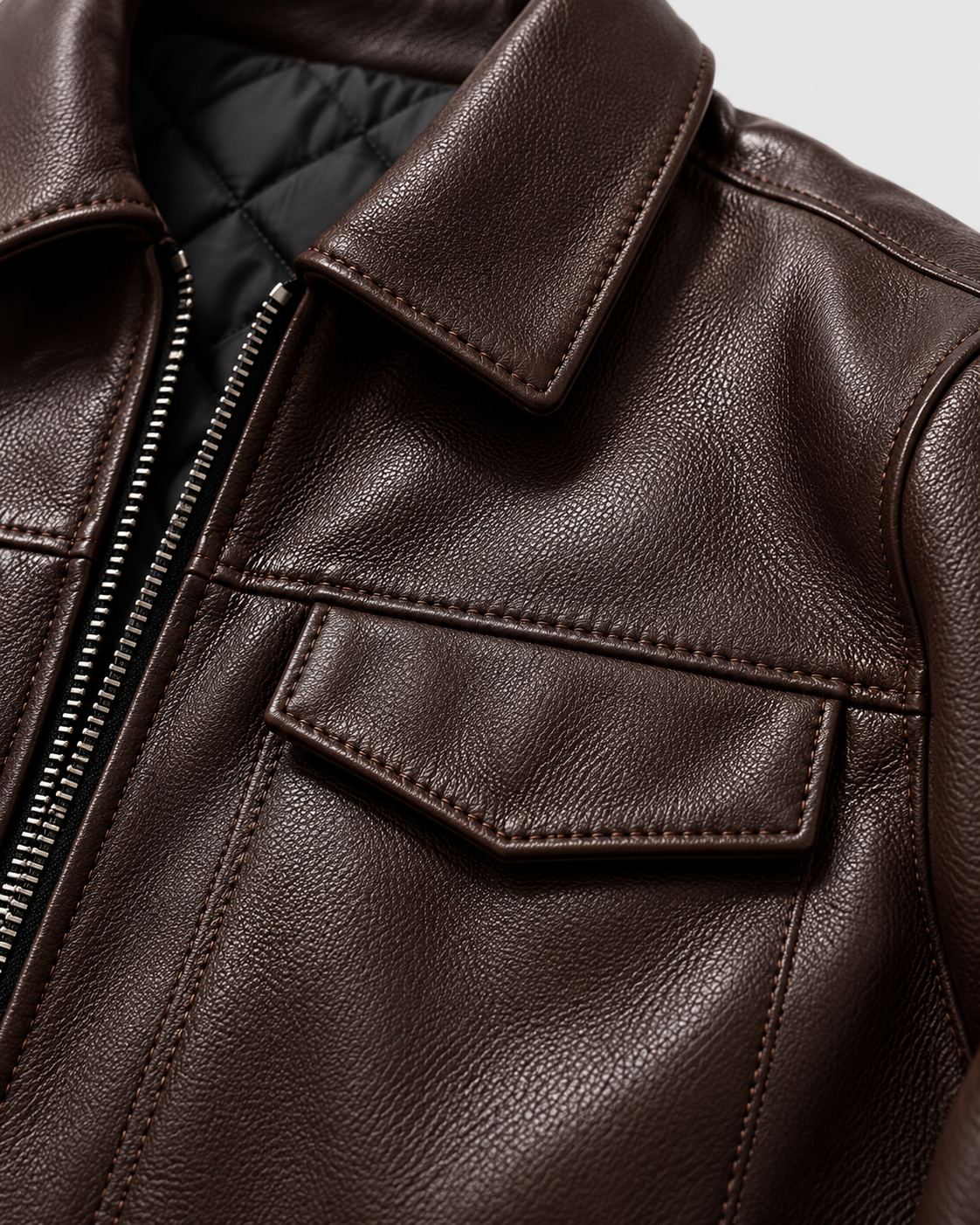 Image of Chestnut Padded | Close-up of chest pocket and zipper on chestnut biker jacket