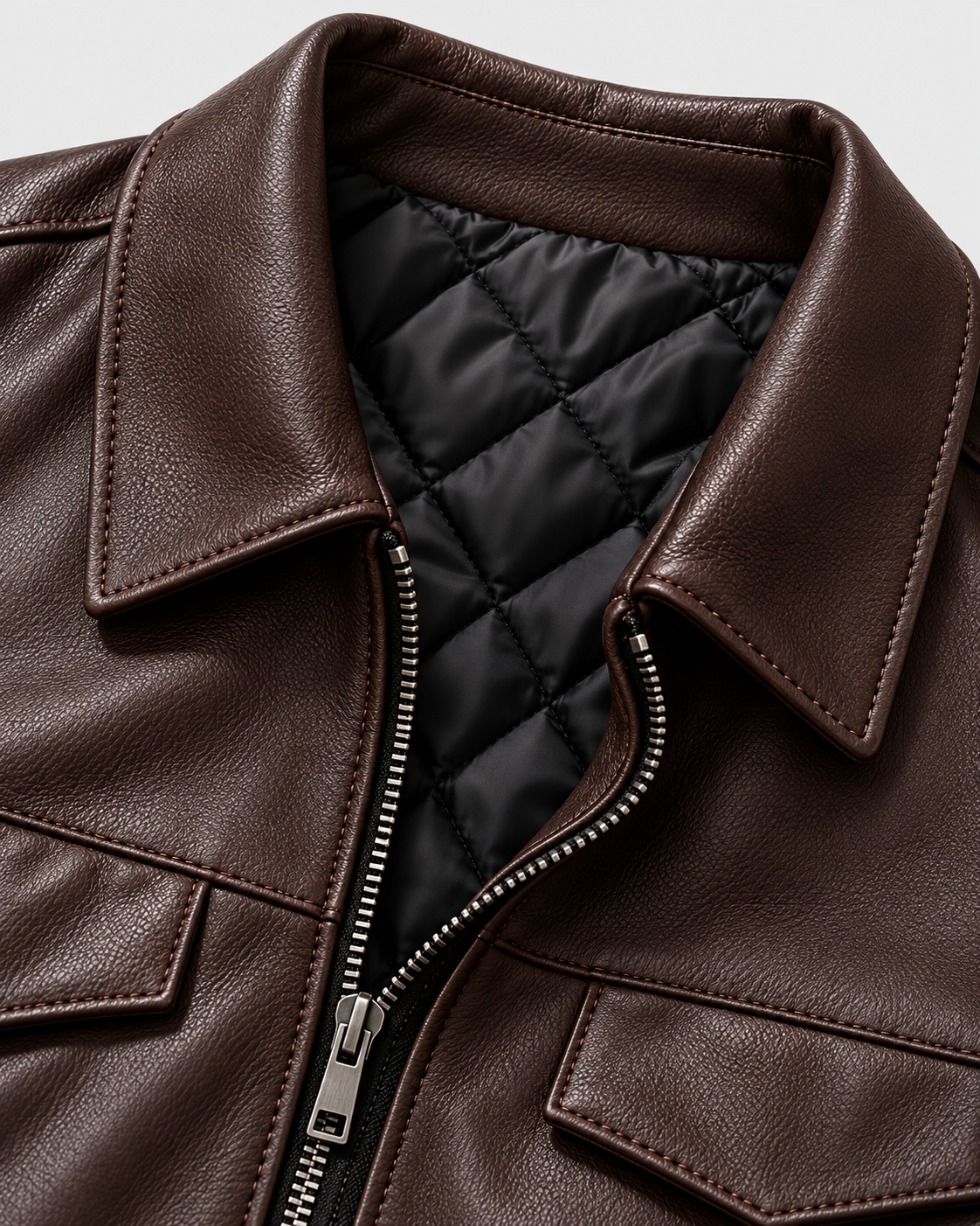 Chestnut Padded | Collar and quilted lining of chestnut padded biker jacket