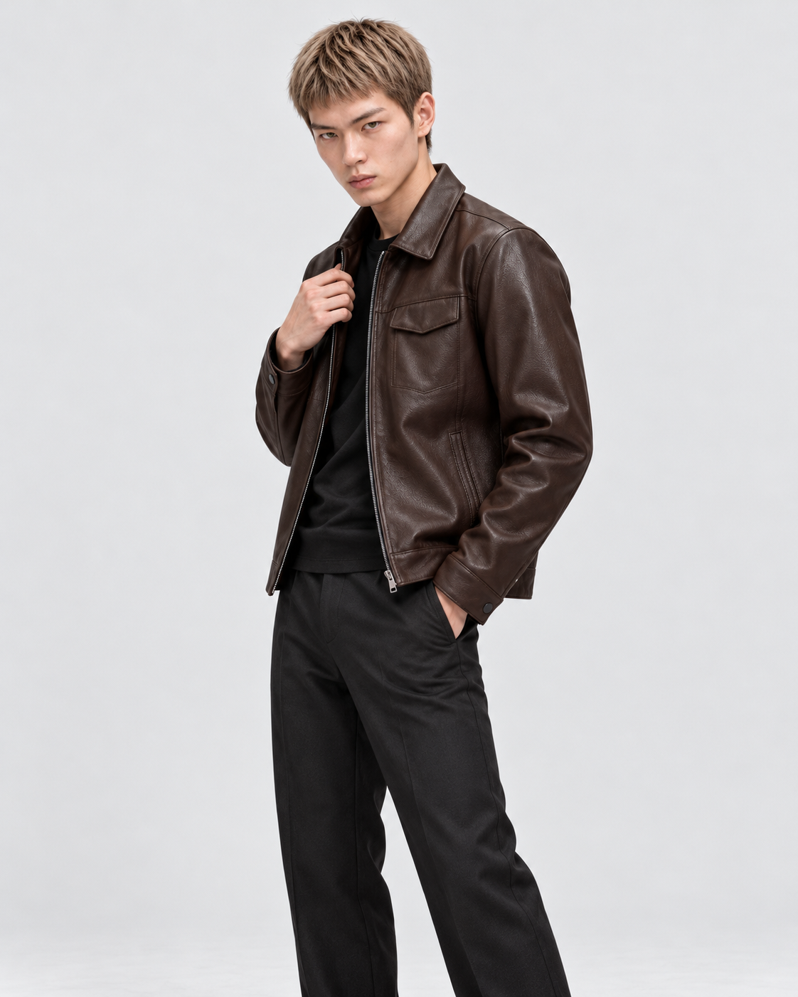 Image of Chestnut Padded | Model wearing men's chestnut padded biker jacket, alternate studio pose