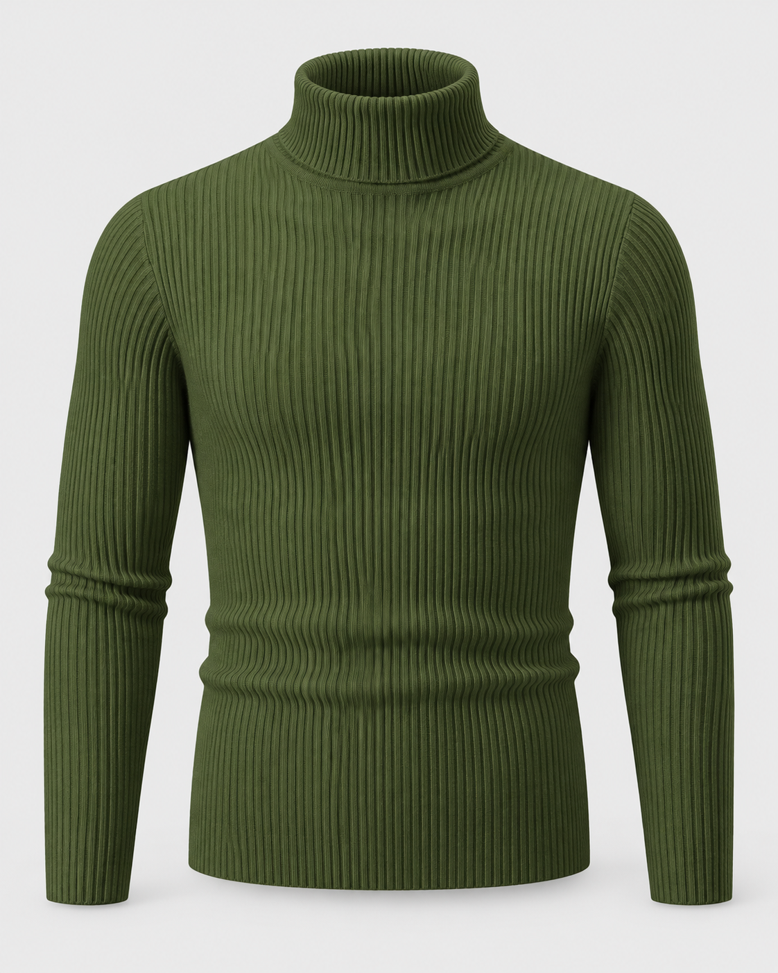 Army Green | Front view of the men's ribbed turtleneck sweater against a light studio background