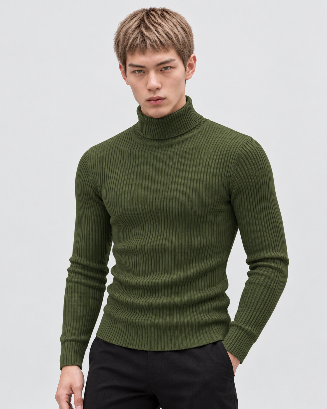 Army Green | Male model wearing the ribbed turtleneck sweater in a standing studio pose