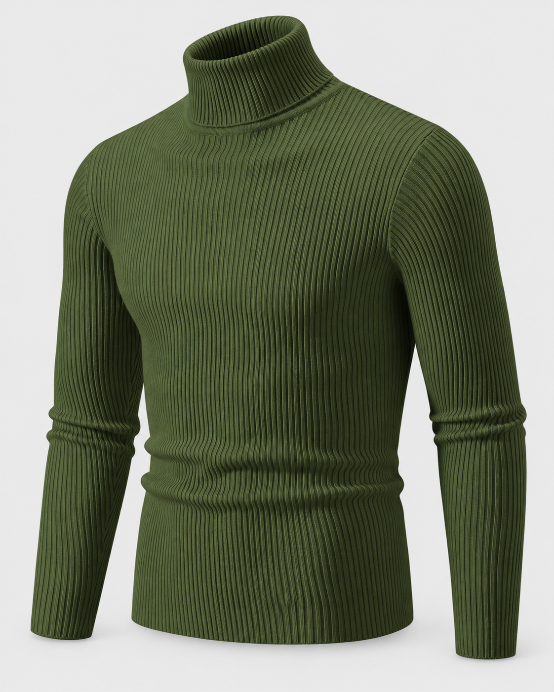 Army Green | Back view of the ribbed turtleneck sweater with long sleeves
