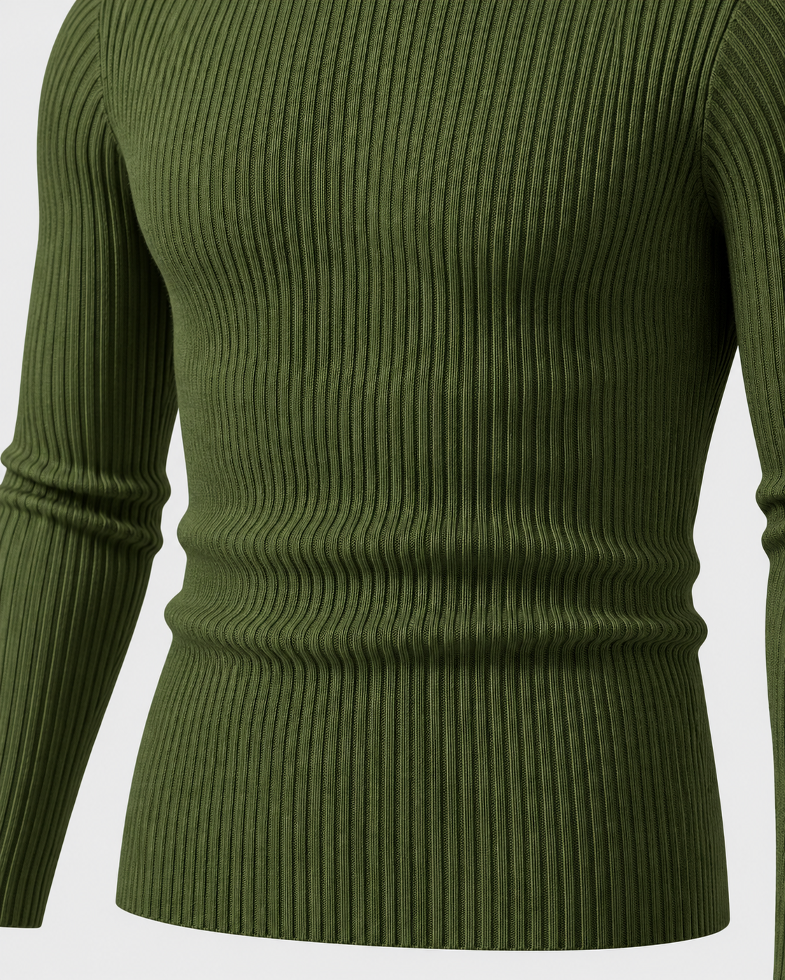 Army Green | Front torso view showing the fitted ribbed knit and hem of the army green turtleneck sweater