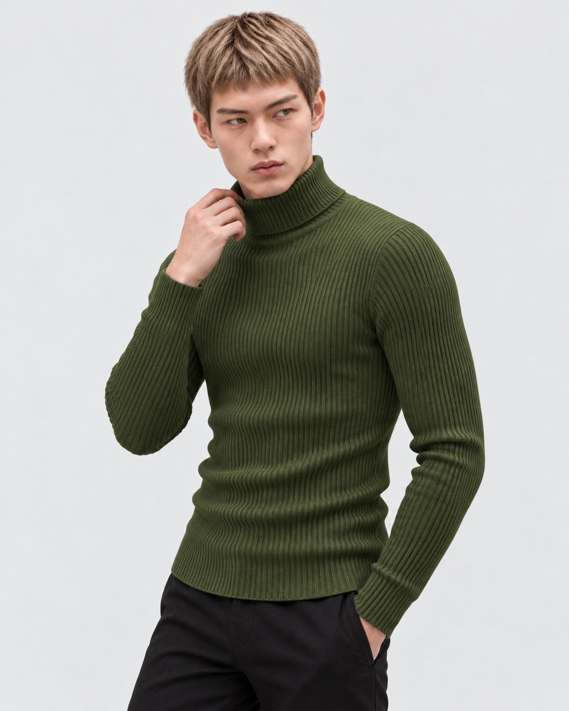 Army Green | Male model wearing the ribbed turtleneck sweater in an alternate pose