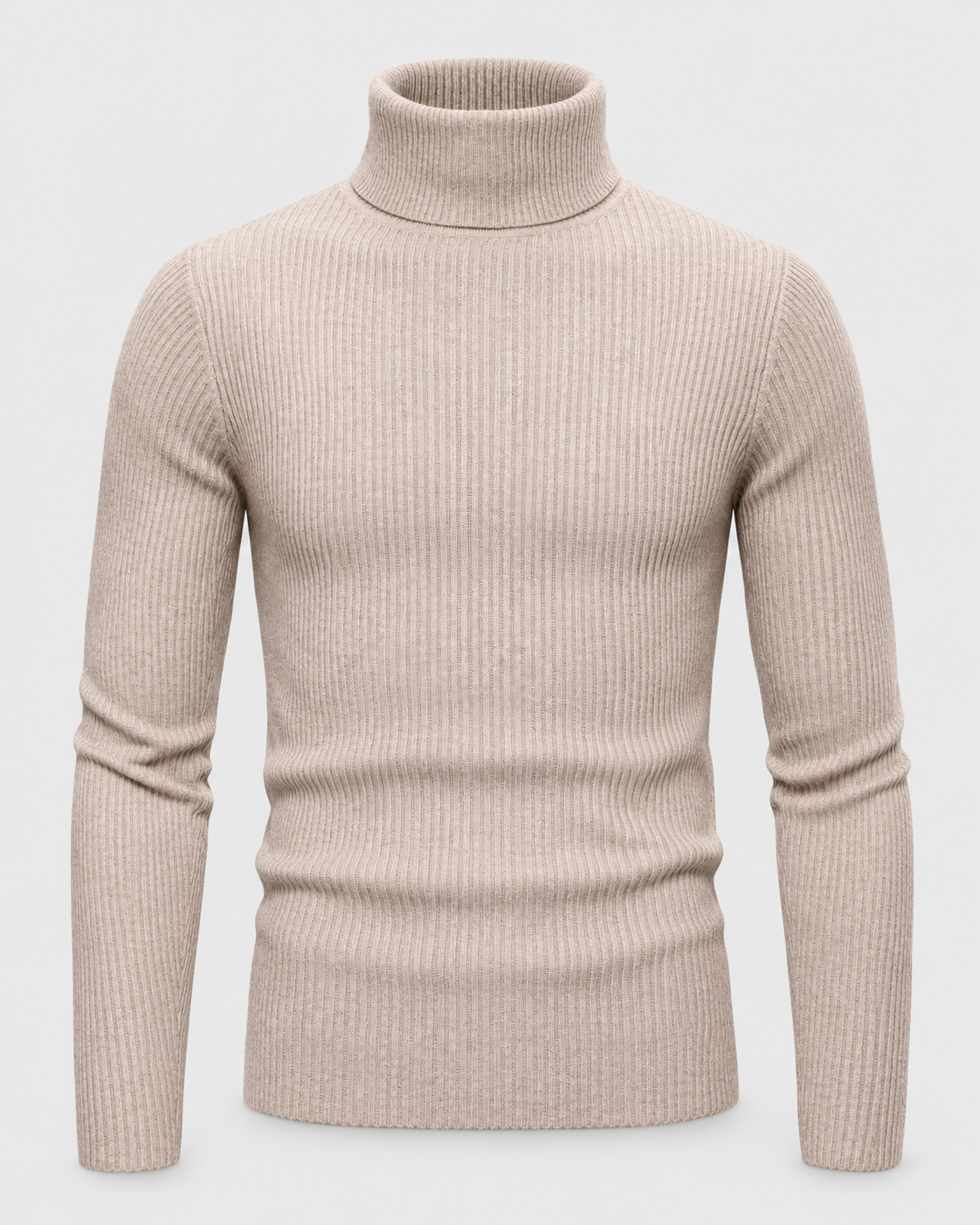 Image of Beige | Front view of the men's ribbed turtleneck sweater against a light studio background
