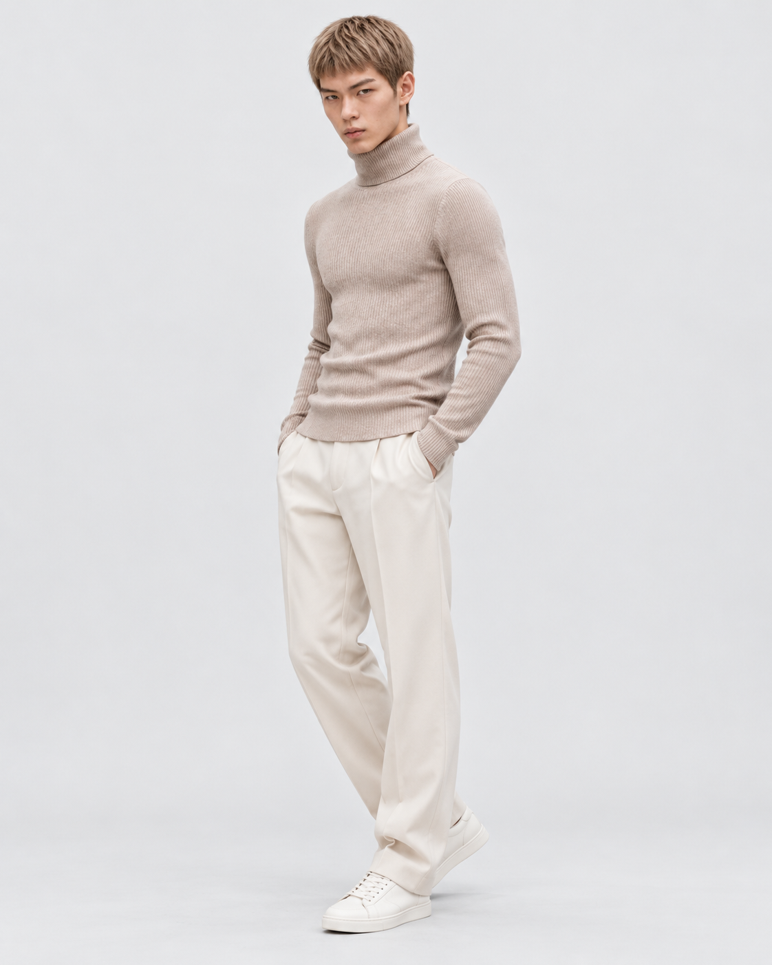 Image of Beige | Male model wearing the ribbed turtleneck sweater in a standing studio pose