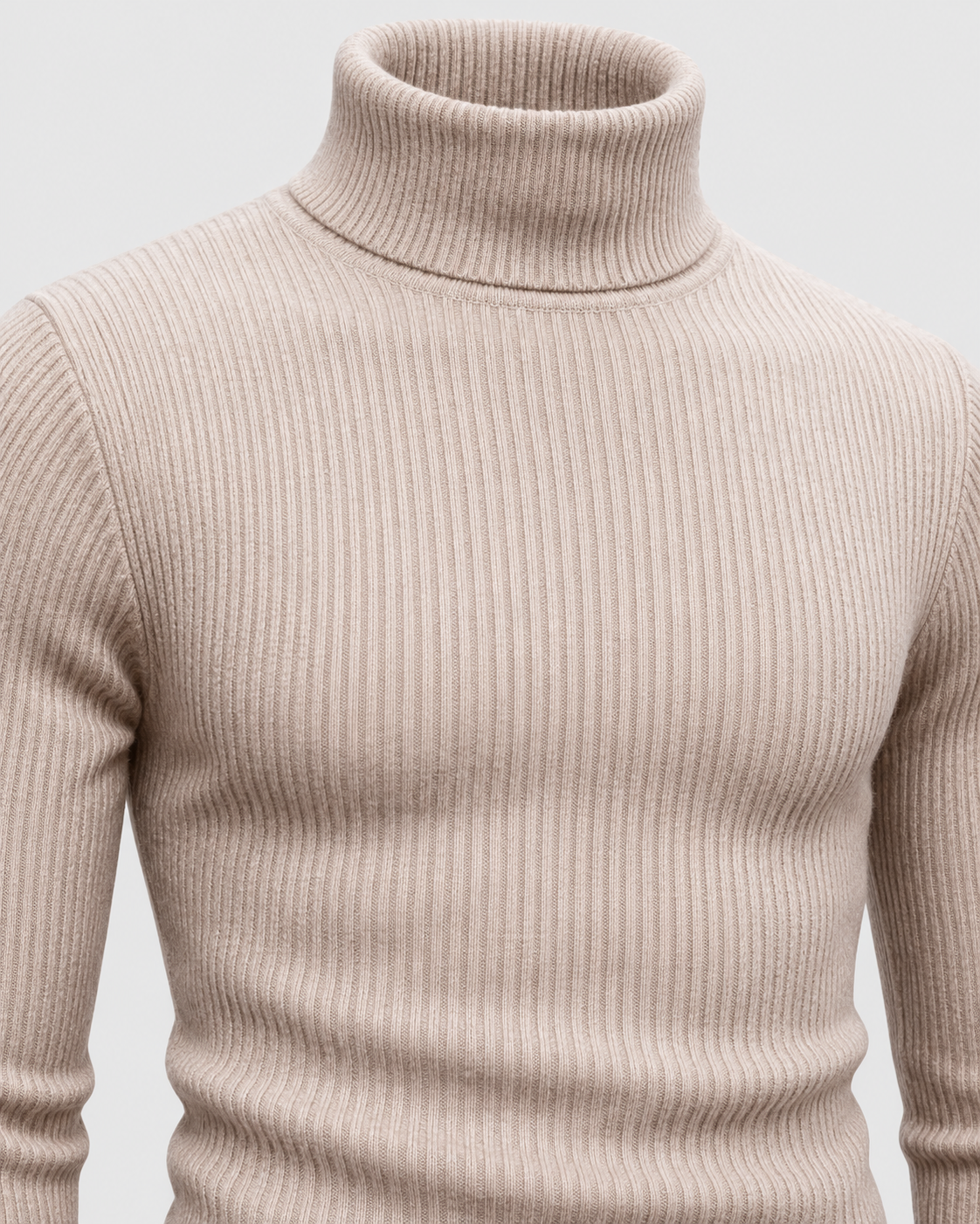 Image of Beige | Close-up of the sweater's ribbed knit texture across the upper body