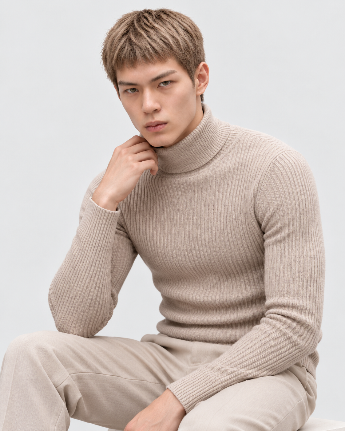Beige | Male model wearing the ribbed turtleneck sweater in an alternate pose