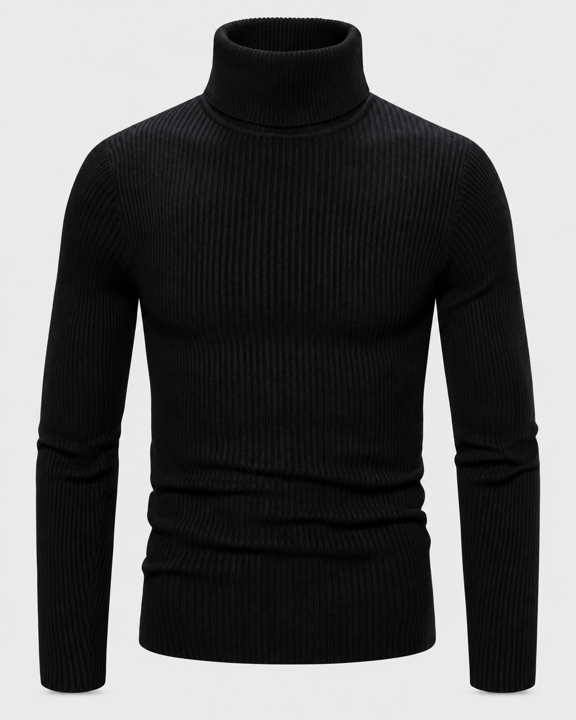Black | Front view of men's black ribbed turtleneck sweater on a light studio background