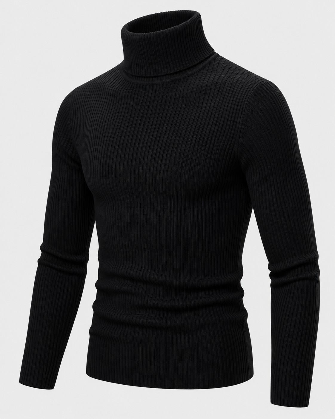Black | Angled view of men's black ribbed turtleneck sweater showing its sleeves and fitted silhouette