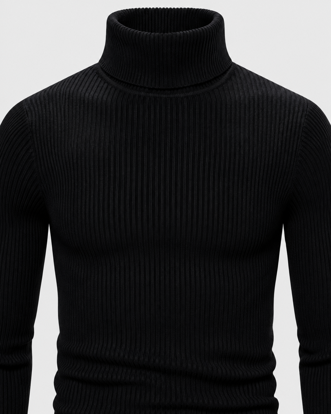 Image of Black | Close view of the vertical ribbed knit across the chest of the black turtleneck sweater