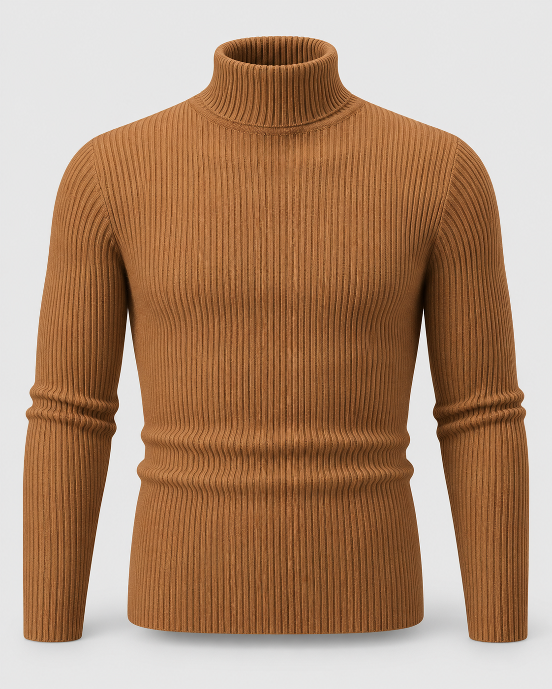 Image of Caramel | Front view of the men's ribbed turtleneck sweater against a light studio background