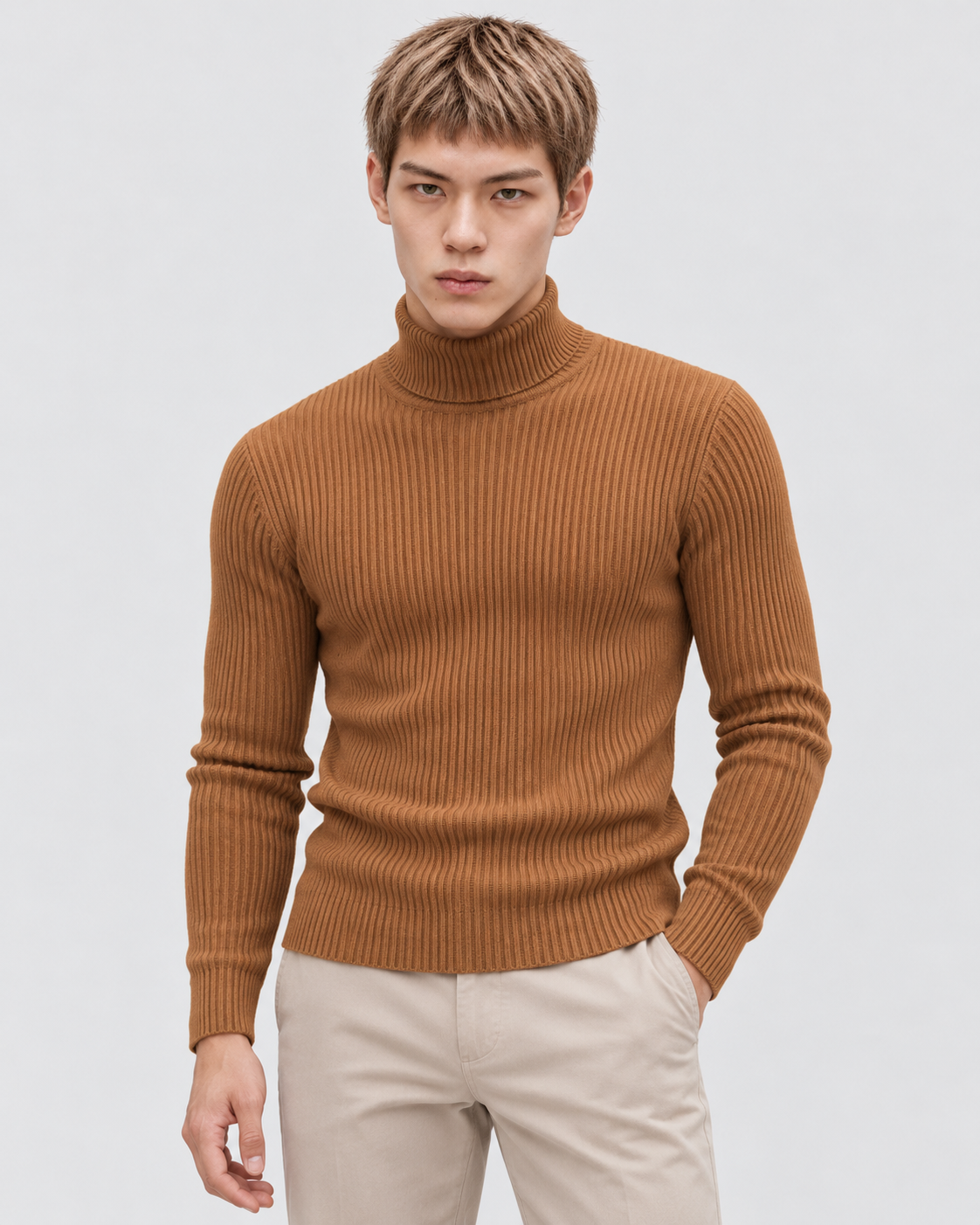 Caramel | Male model wearing the ribbed turtleneck sweater in a standing studio pose