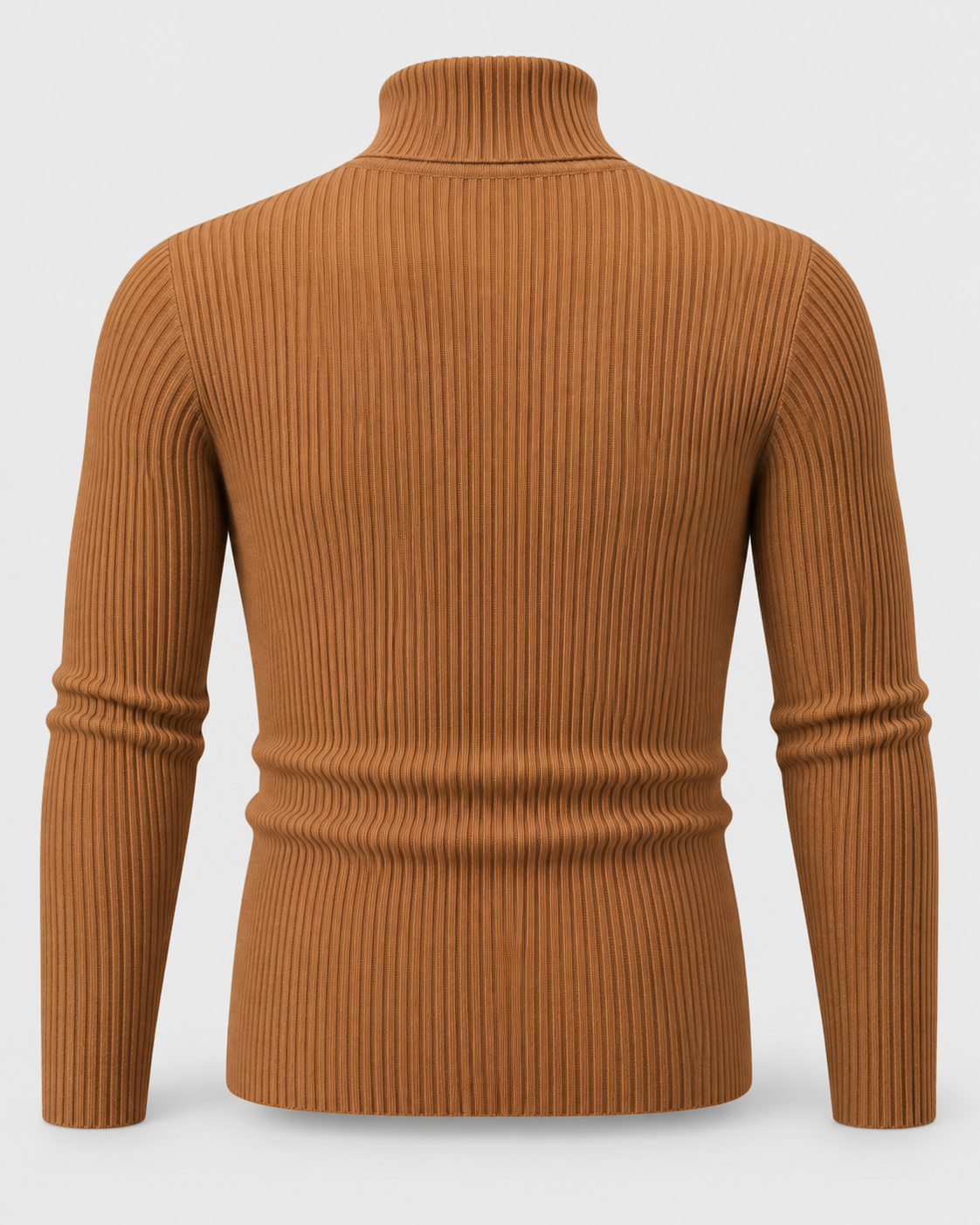 Caramel | Back view of the ribbed turtleneck sweater with long sleeves