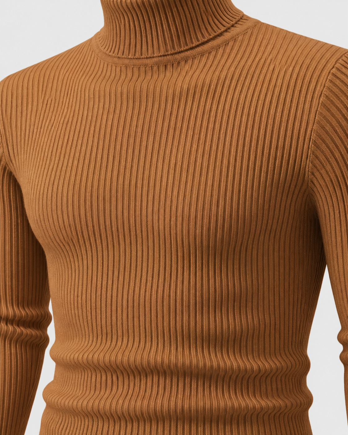 Caramel | Close-up of the sweater's ribbed knit texture across the upper body