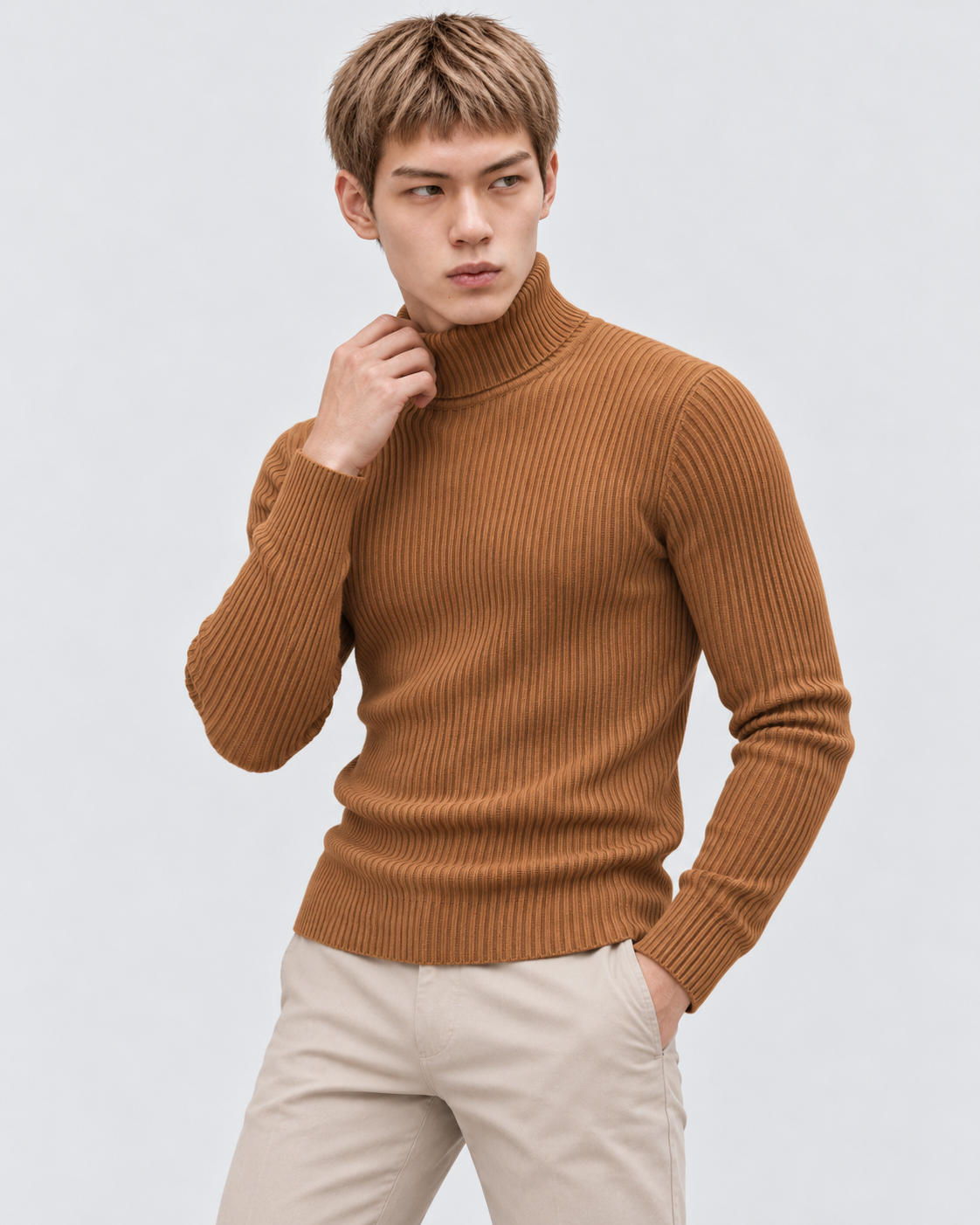 Caramel | Male model wearing the ribbed turtleneck sweater in an alternate pose