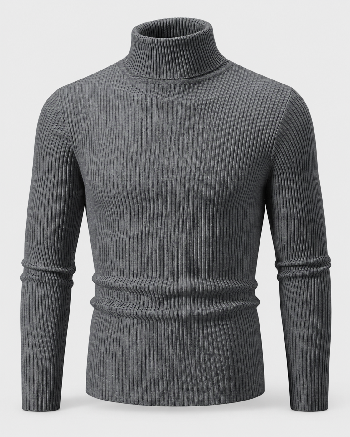 Dark Gray | Front view of the men's ribbed turtleneck sweater against a light studio background