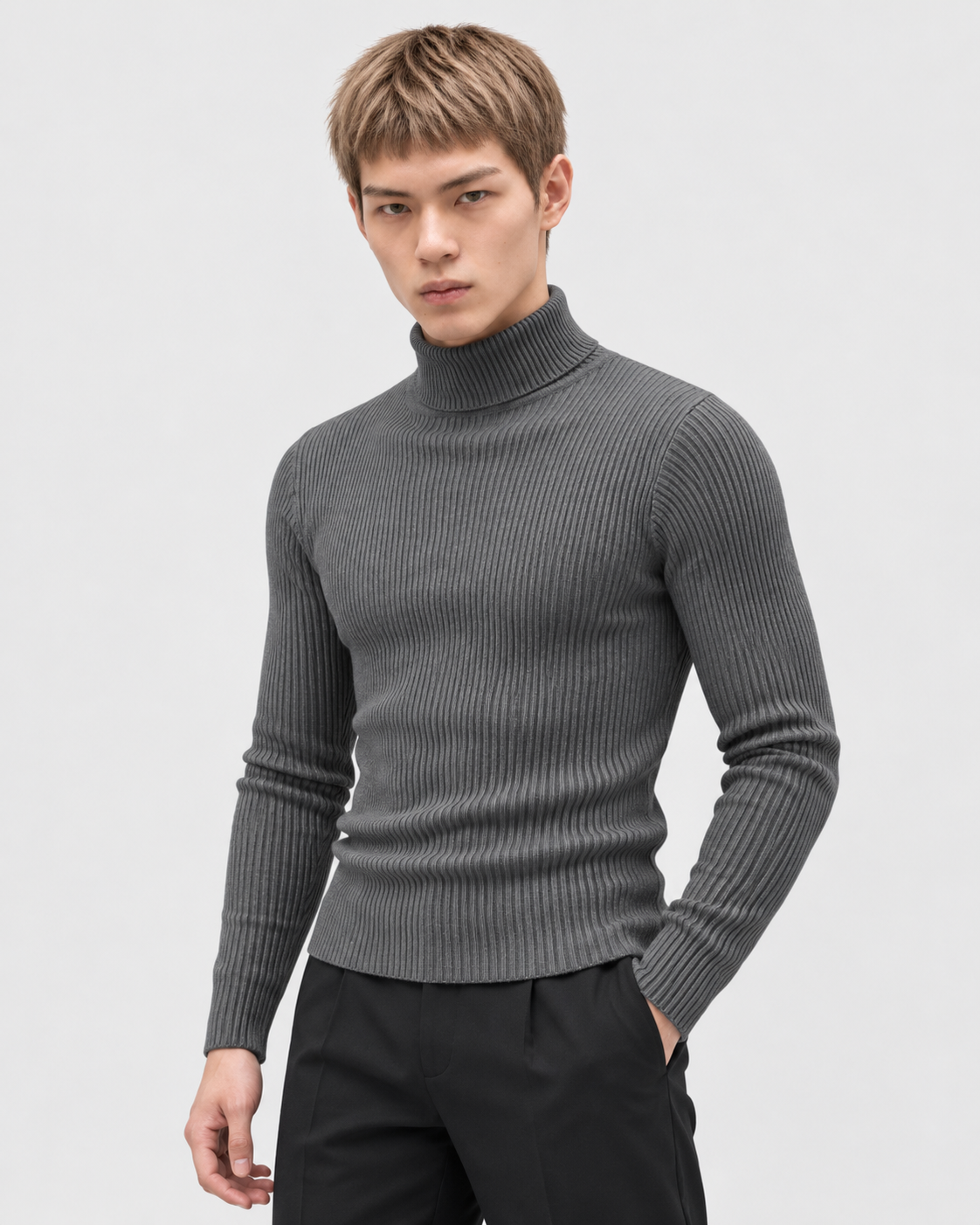 Dark Gray | Male model wearing the ribbed turtleneck sweater in a standing studio pose