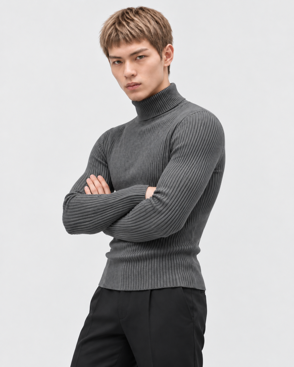Dark Gray | Male model wearing the ribbed turtleneck sweater in an alternate pose