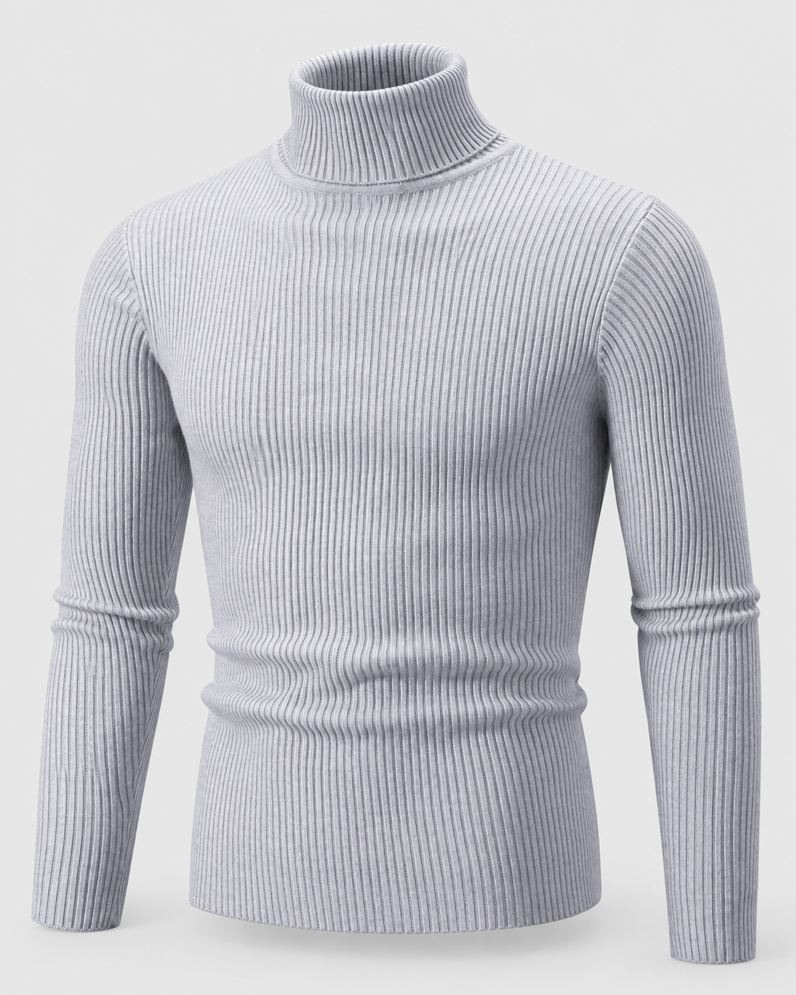 Gray | Front view of the men's ribbed turtleneck sweater against a light studio background